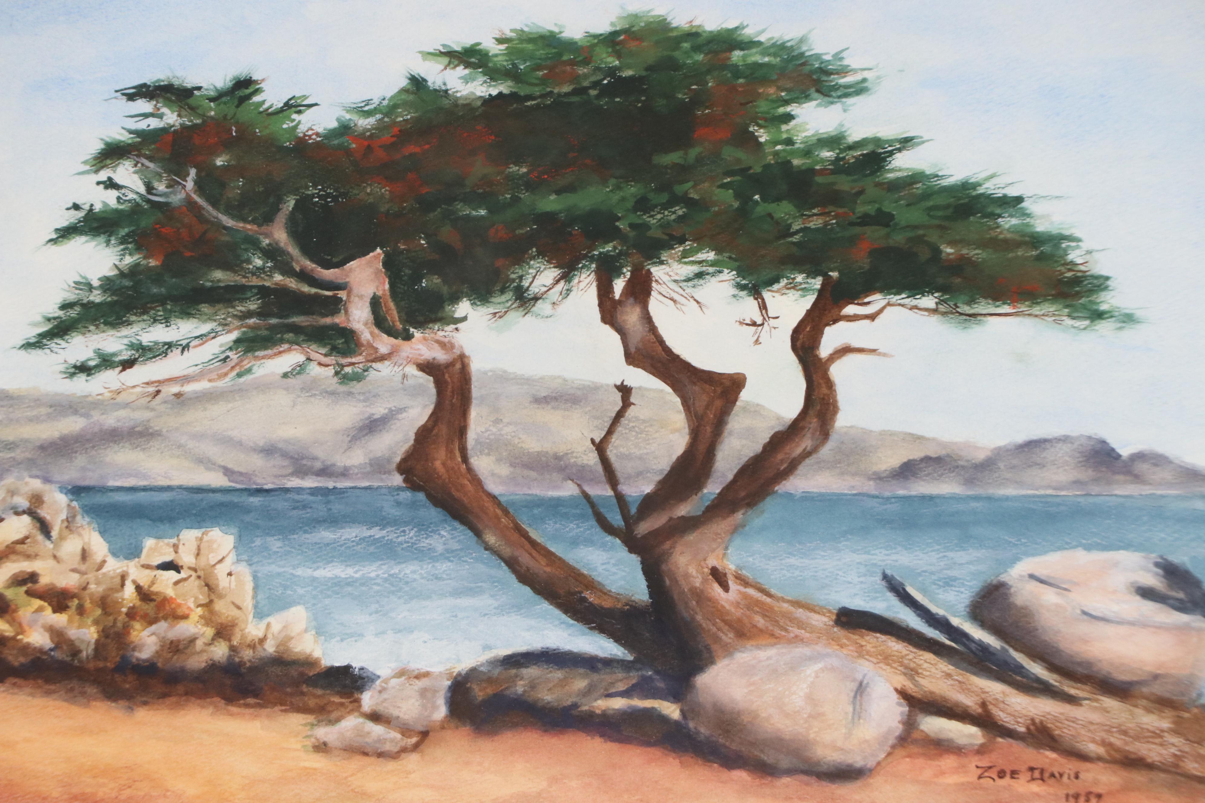 Zoe Davis Coastal Landscape Watercolor Painting, 1957