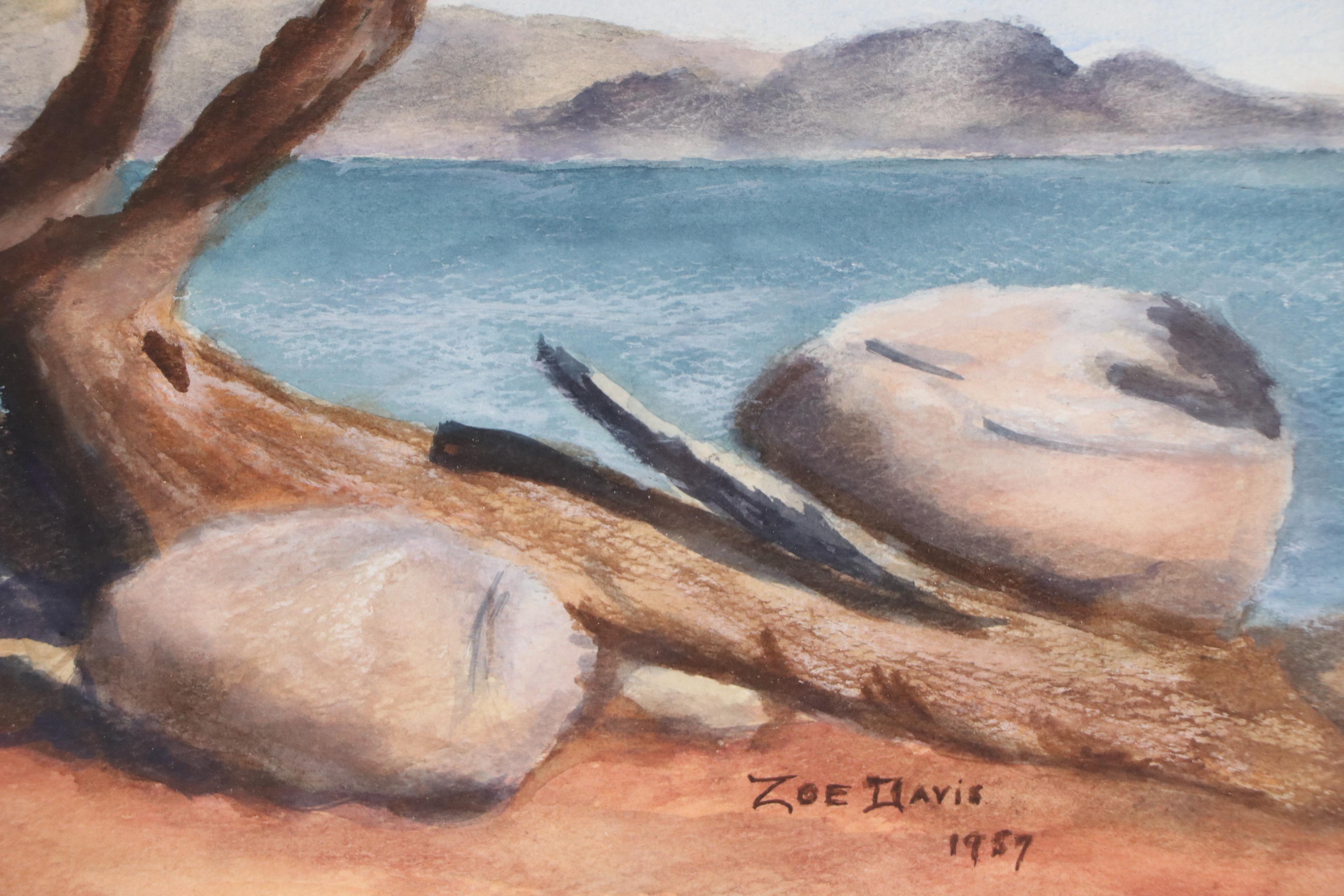Zoe Davis Coastal Landscape Watercolor Painting, 1957