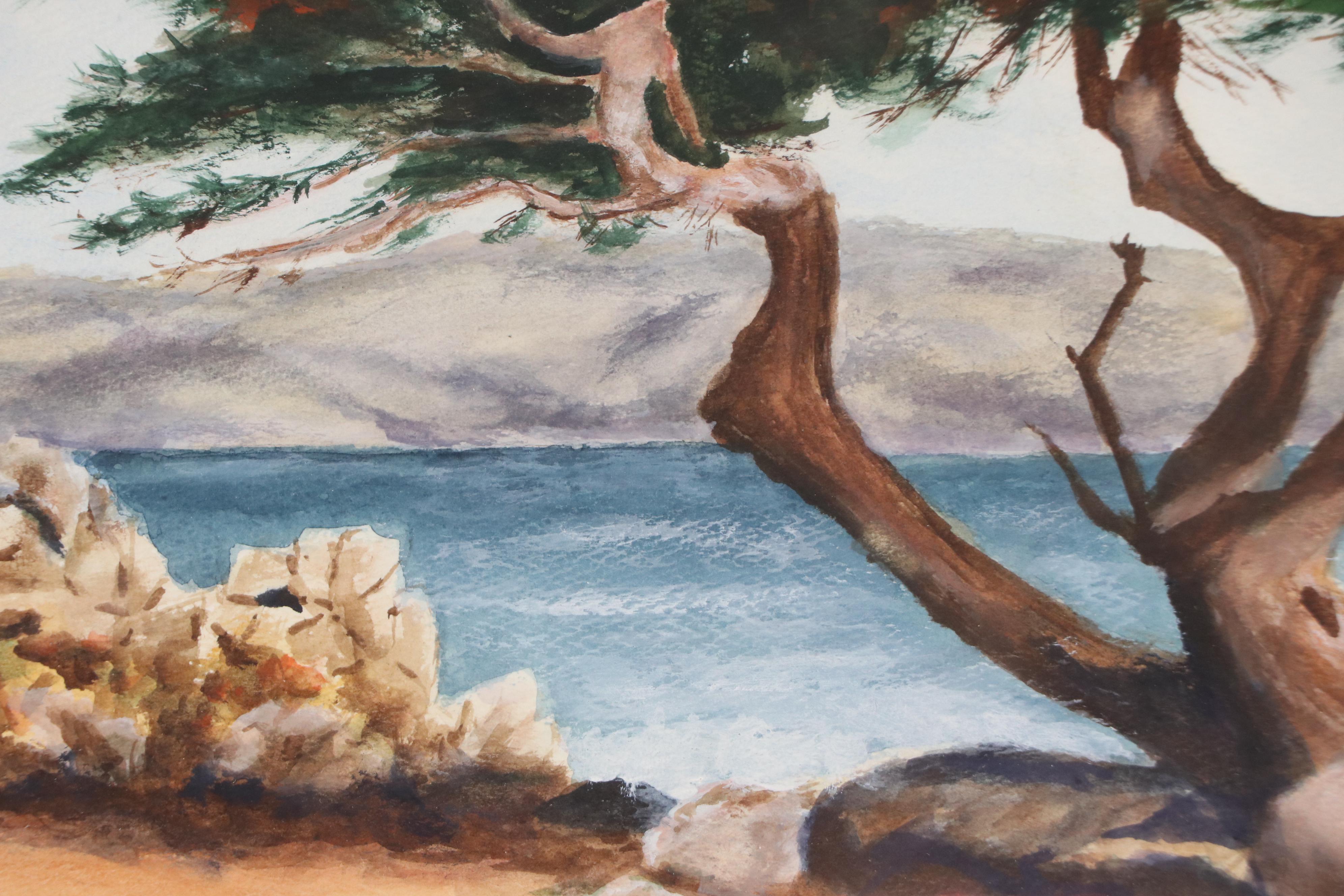 Zoe Davis Coastal Landscape Watercolor Painting, 1957