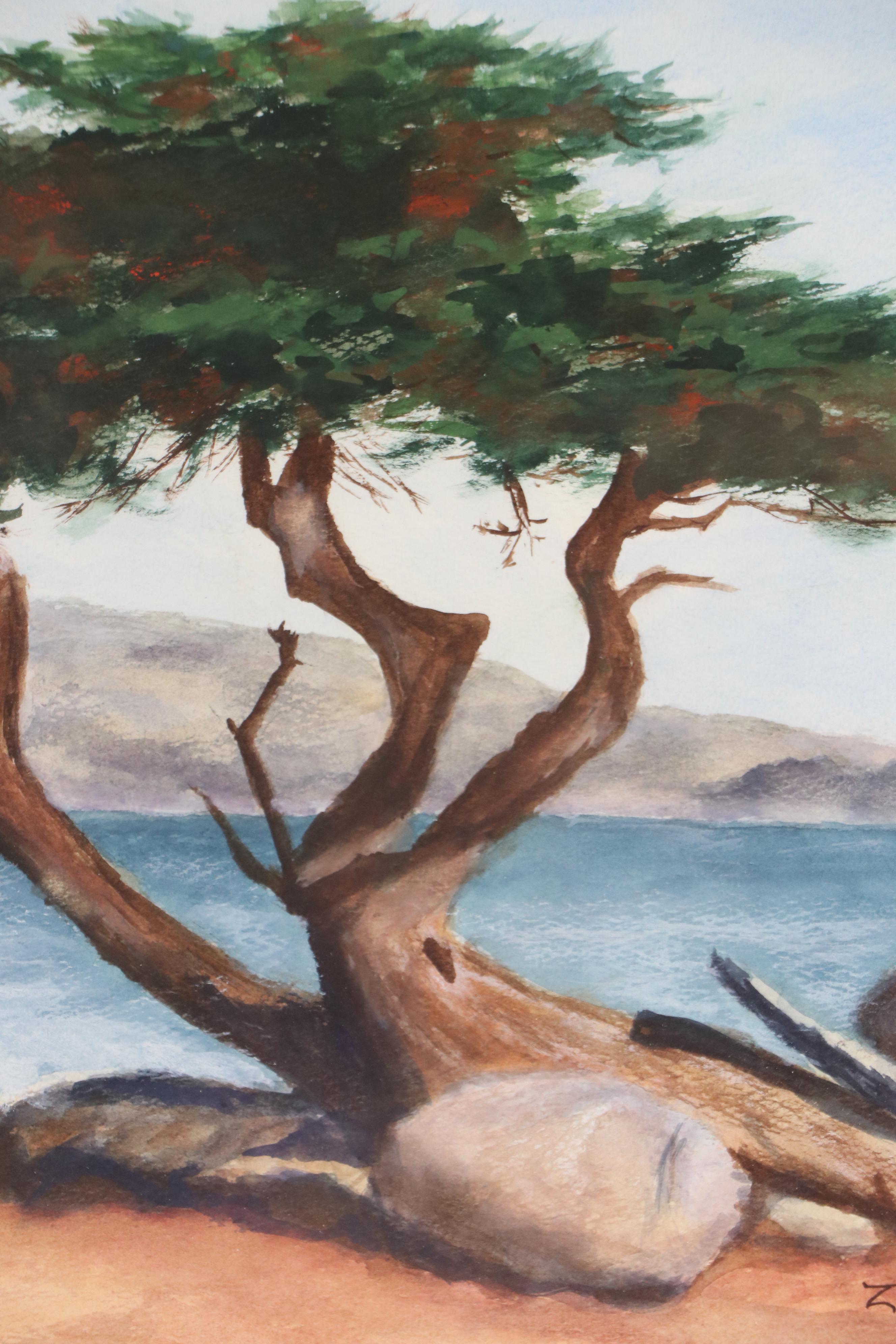 Zoe Davis Coastal Landscape Watercolor Painting, 1957