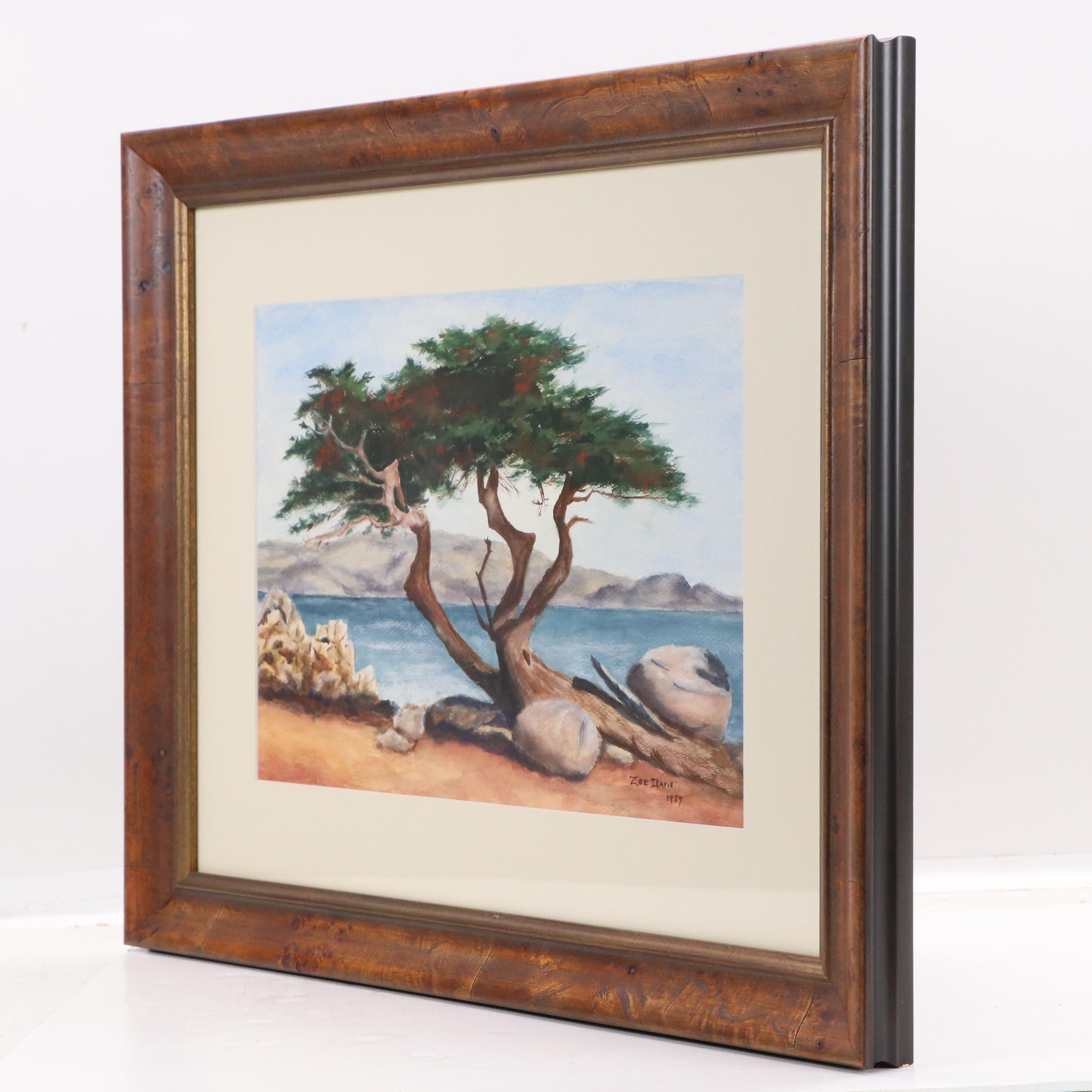Zoe Davis Coastal Landscape Watercolor Painting, 1957