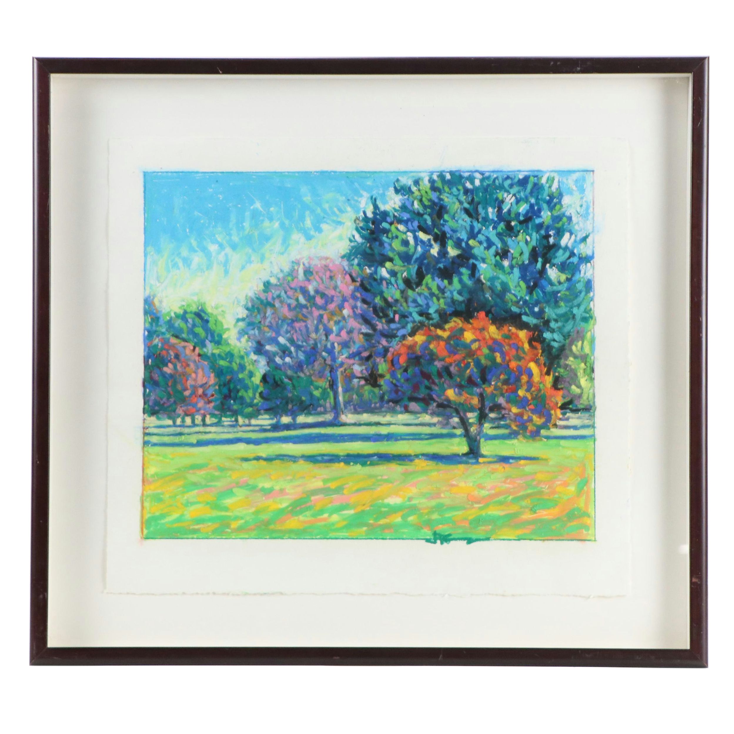 Landscape Oil Pastel Drawing of Trees, Late 20th/21st Century