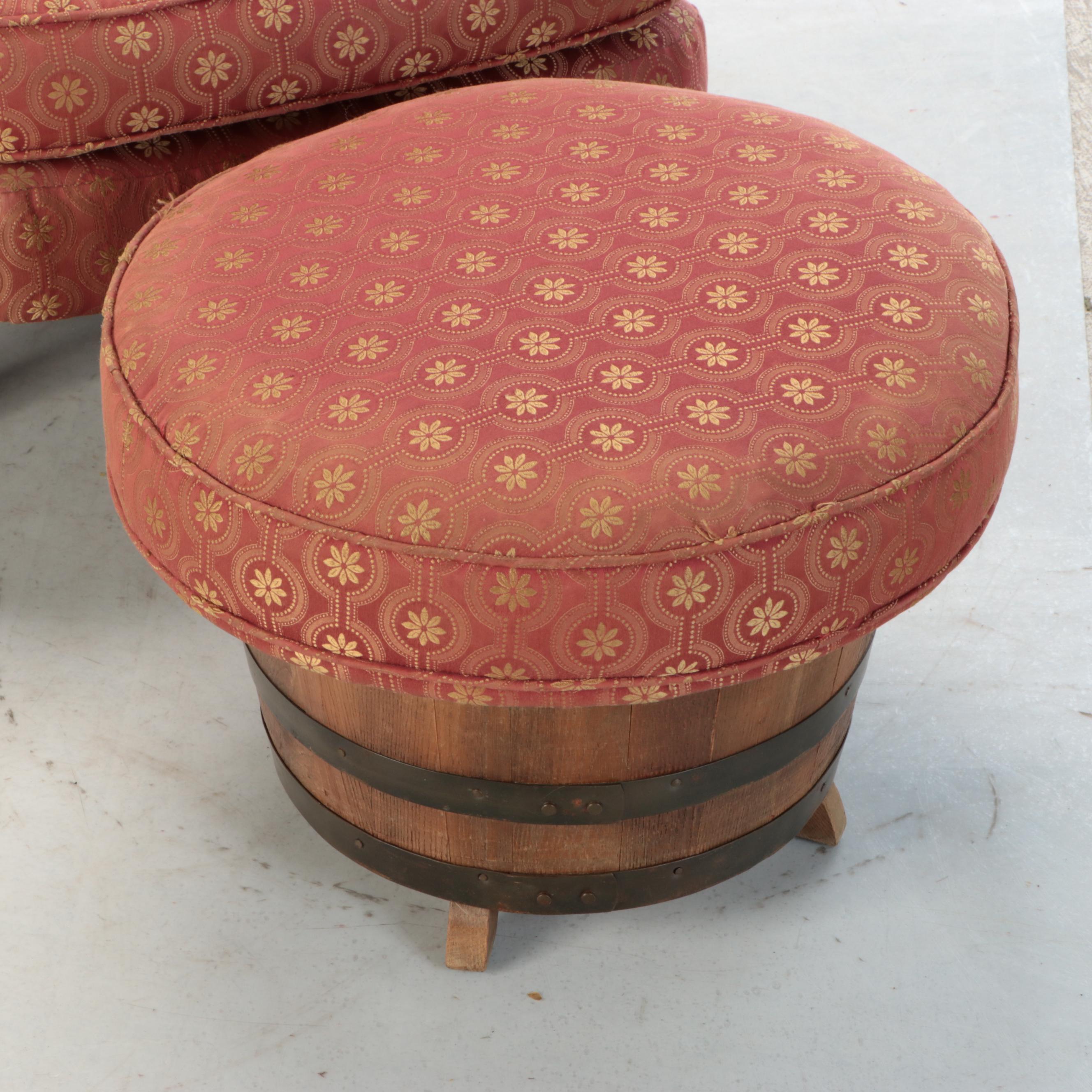 Early American Style Oak Barrel Armchair and Ottoman, Late 20th Century