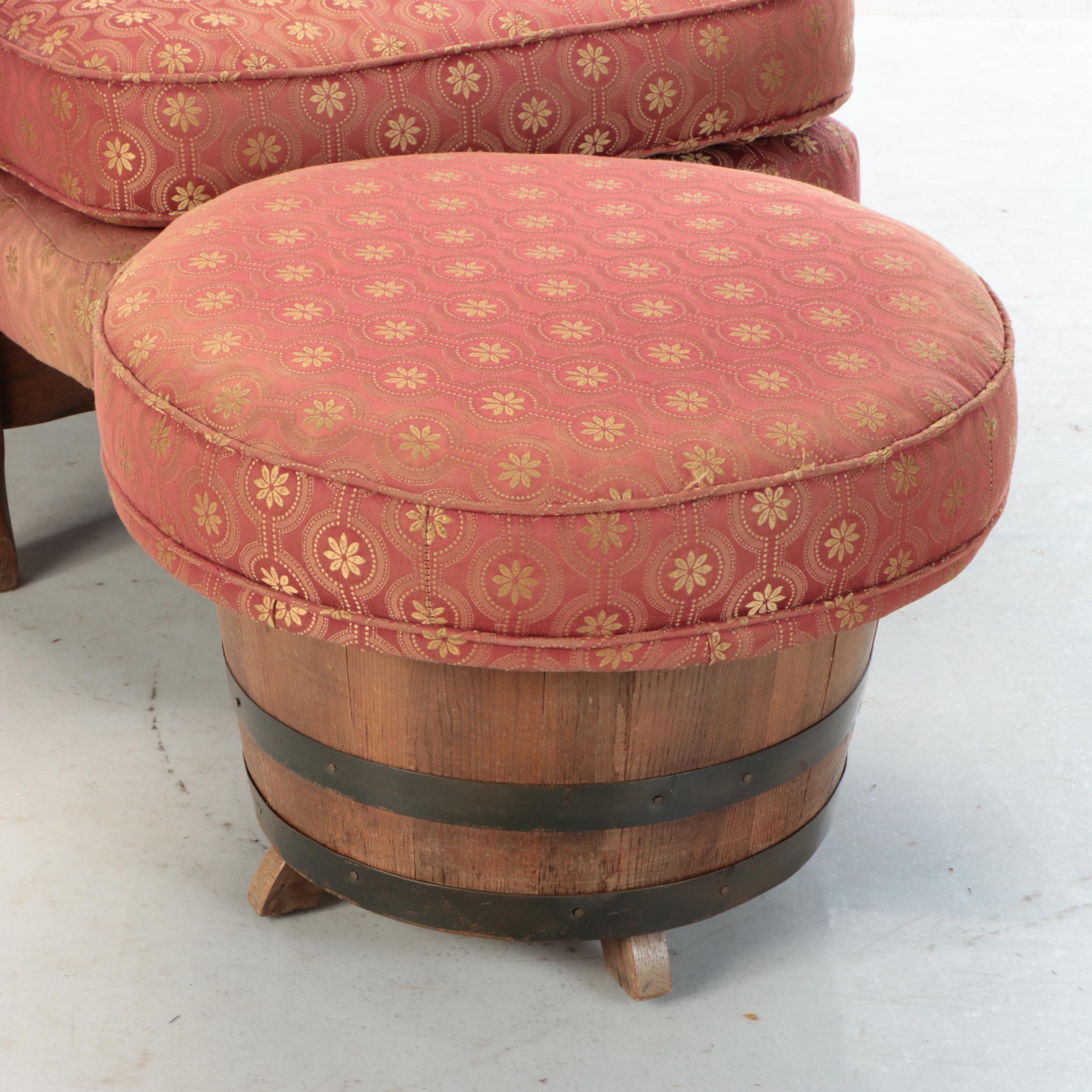 Early American Style Oak Barrel Armchair and Ottoman, Late 20th Century