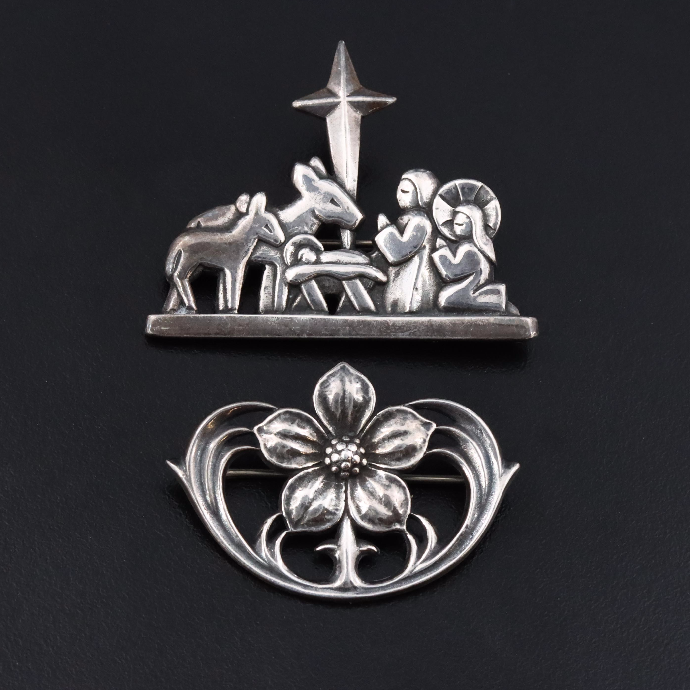 James Avery Sterling Nativy Scene and Dogwood Brooches