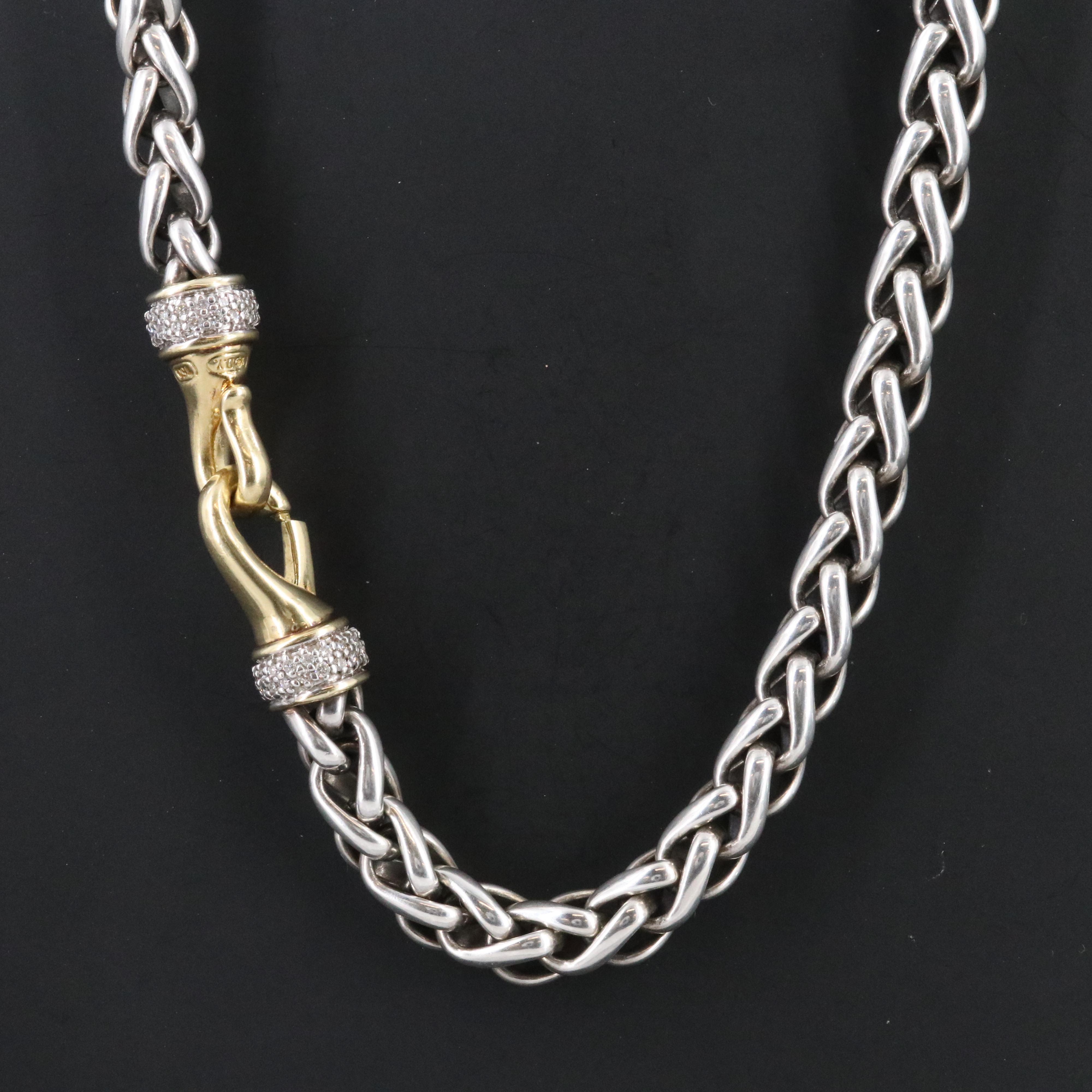 David Yurman Sterling and 18K 0.68 CTW Diamond Wheat Chain Necklace