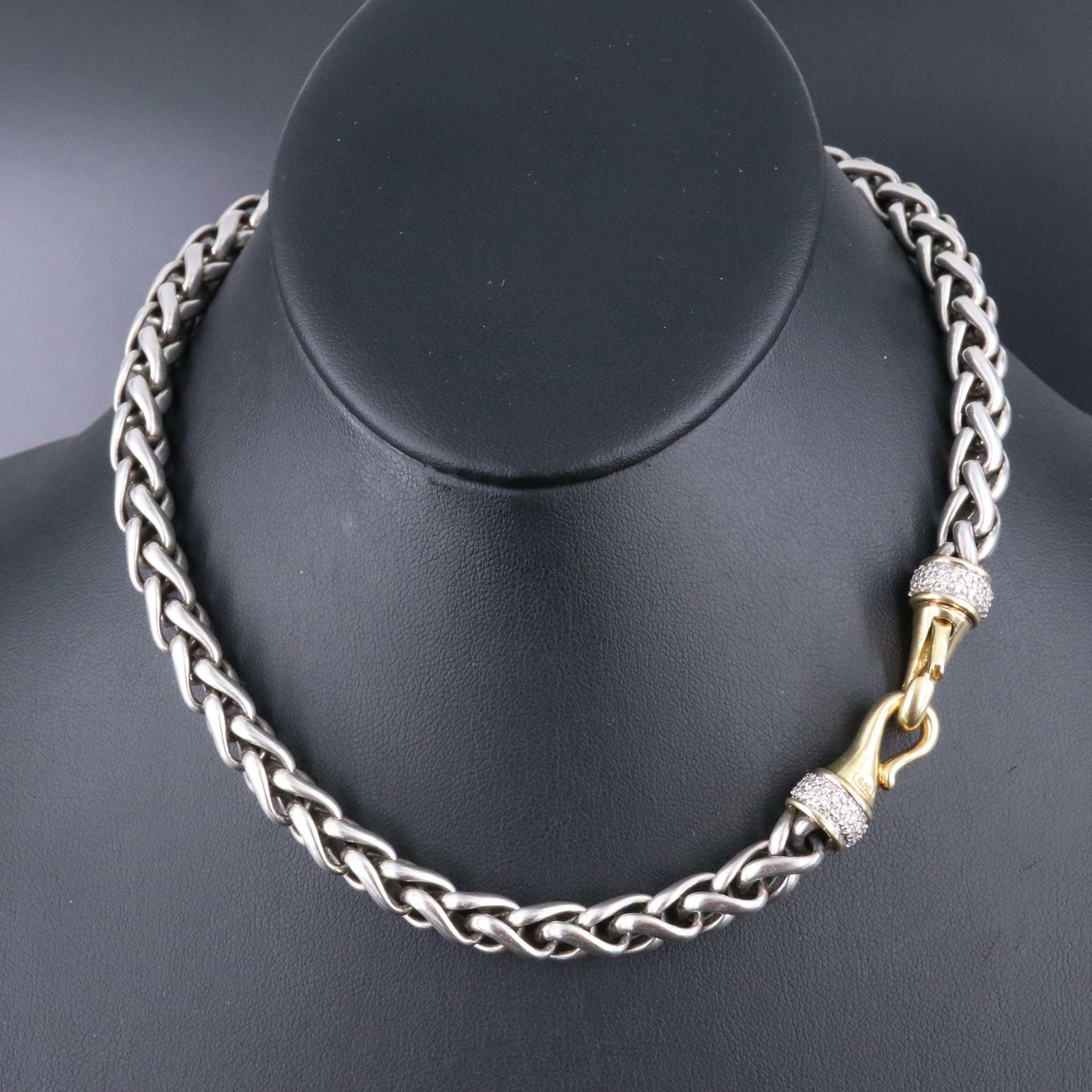 David Yurman Sterling and 18K 0.68 CTW Diamond Wheat Chain Necklace