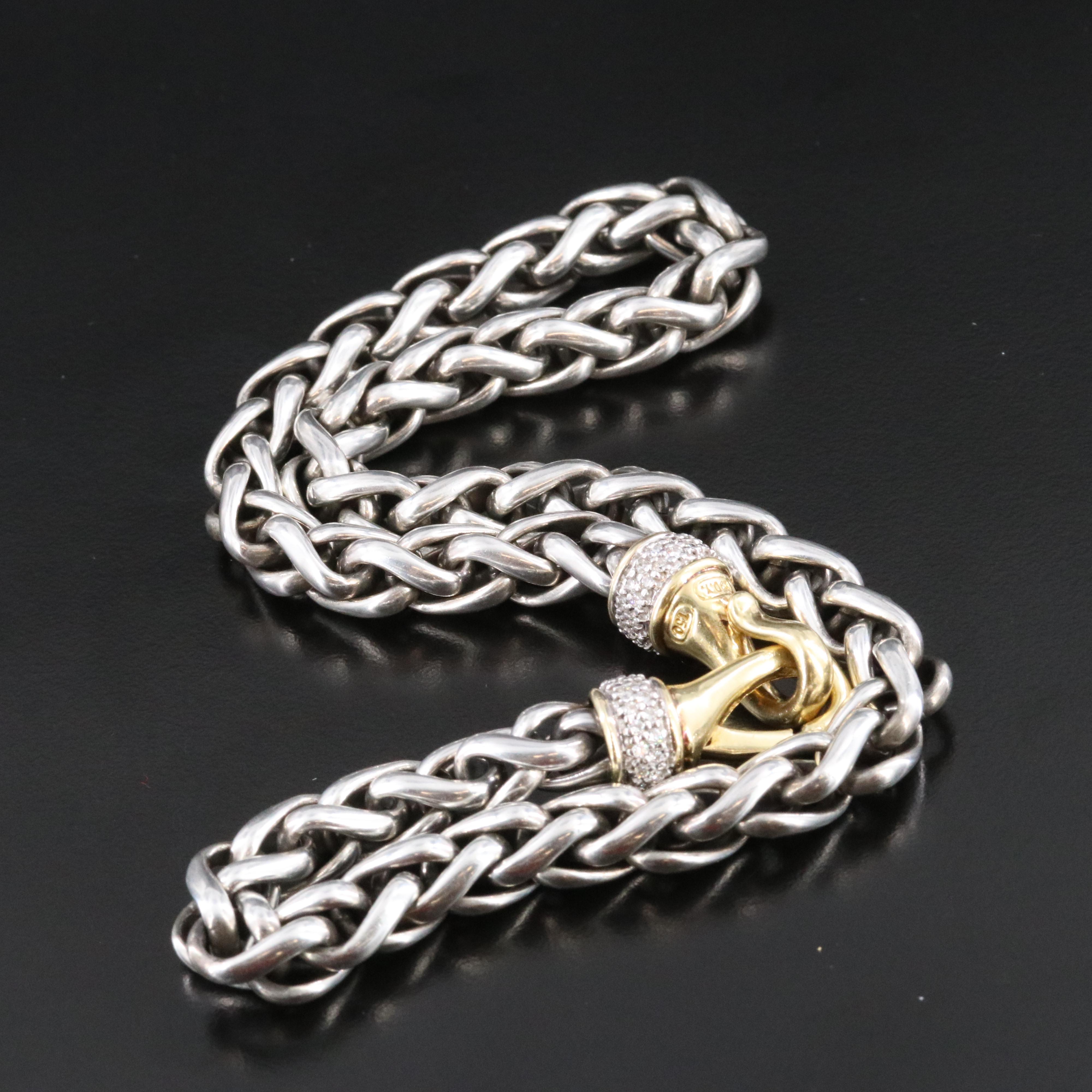 David Yurman Sterling and 18K 0.68 CTW Diamond Wheat Chain Necklace