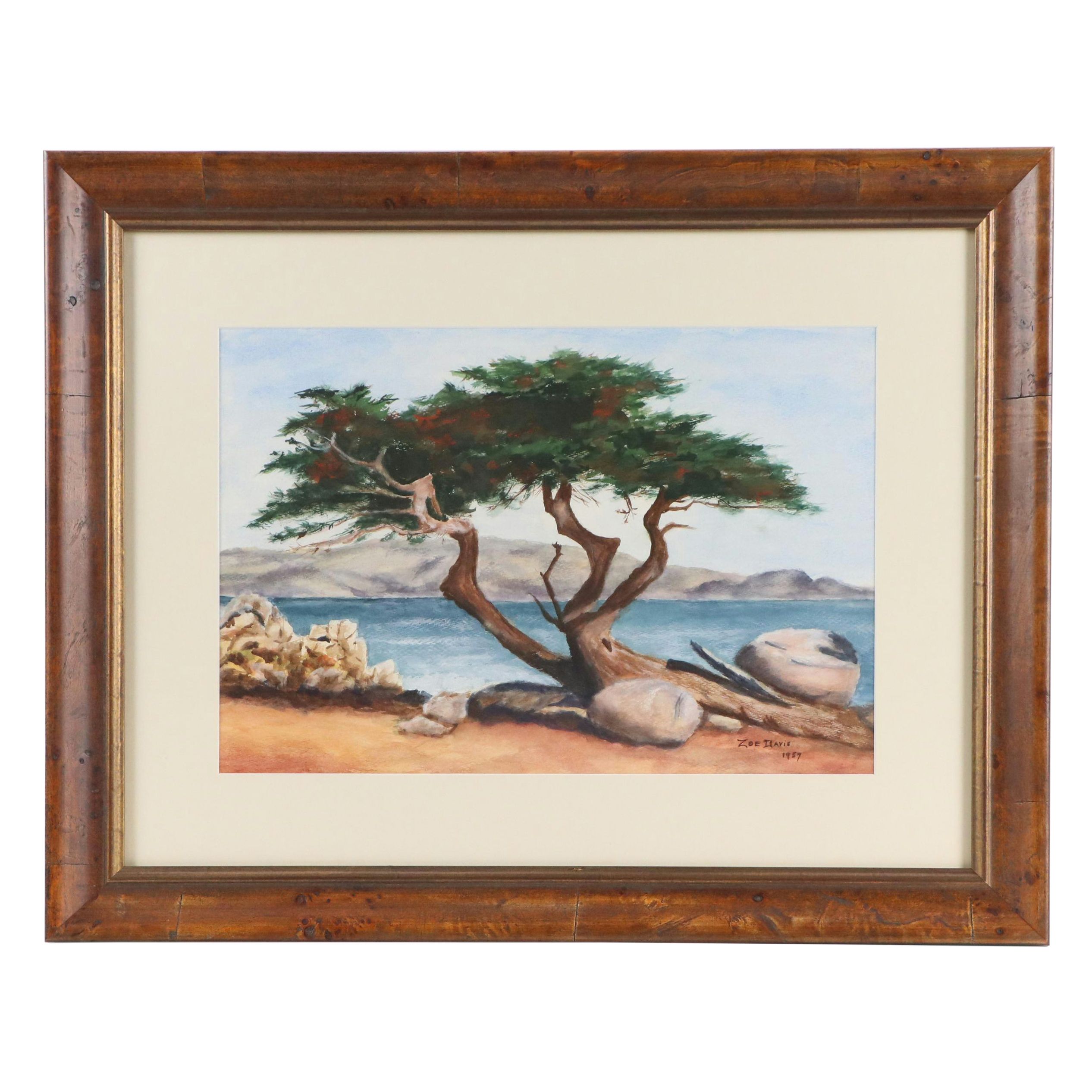 Zoe Davis Coastal Landscape Watercolor Painting, 1957