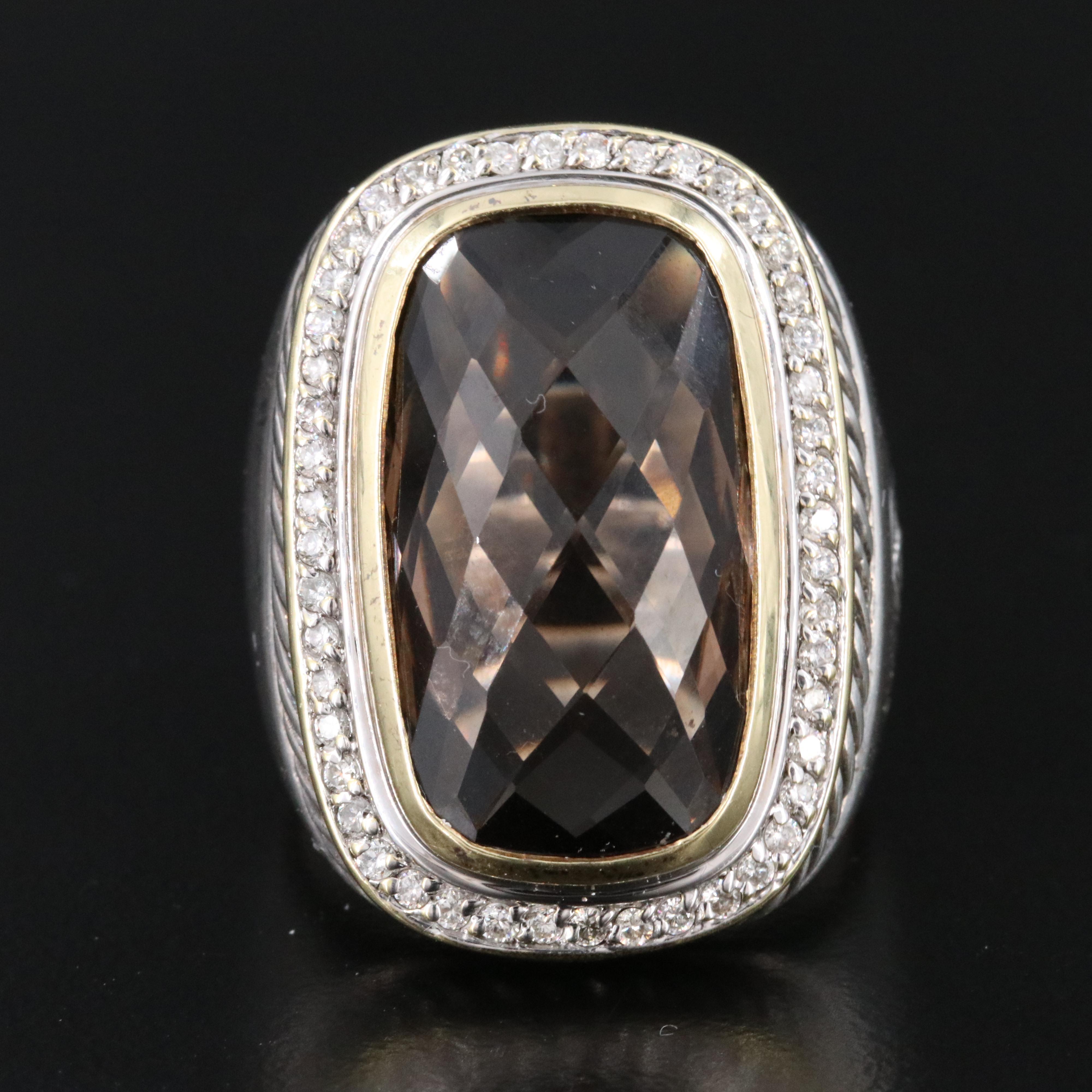 David Yurman Albion Sterling Smoky Quartz and Diamond Ring with 18K Accent