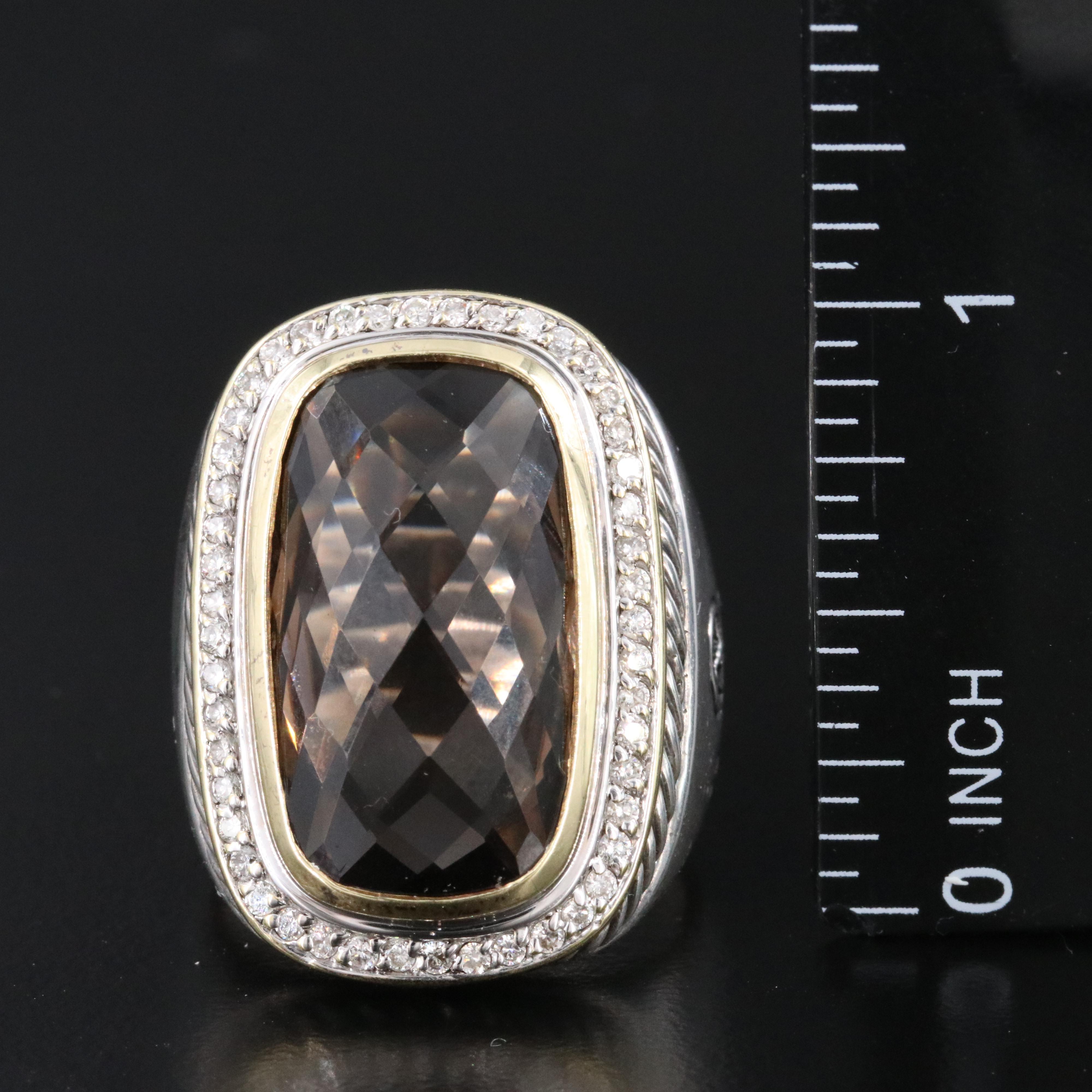 David Yurman Albion Sterling Smoky Quartz and Diamond Ring with 18K Accent