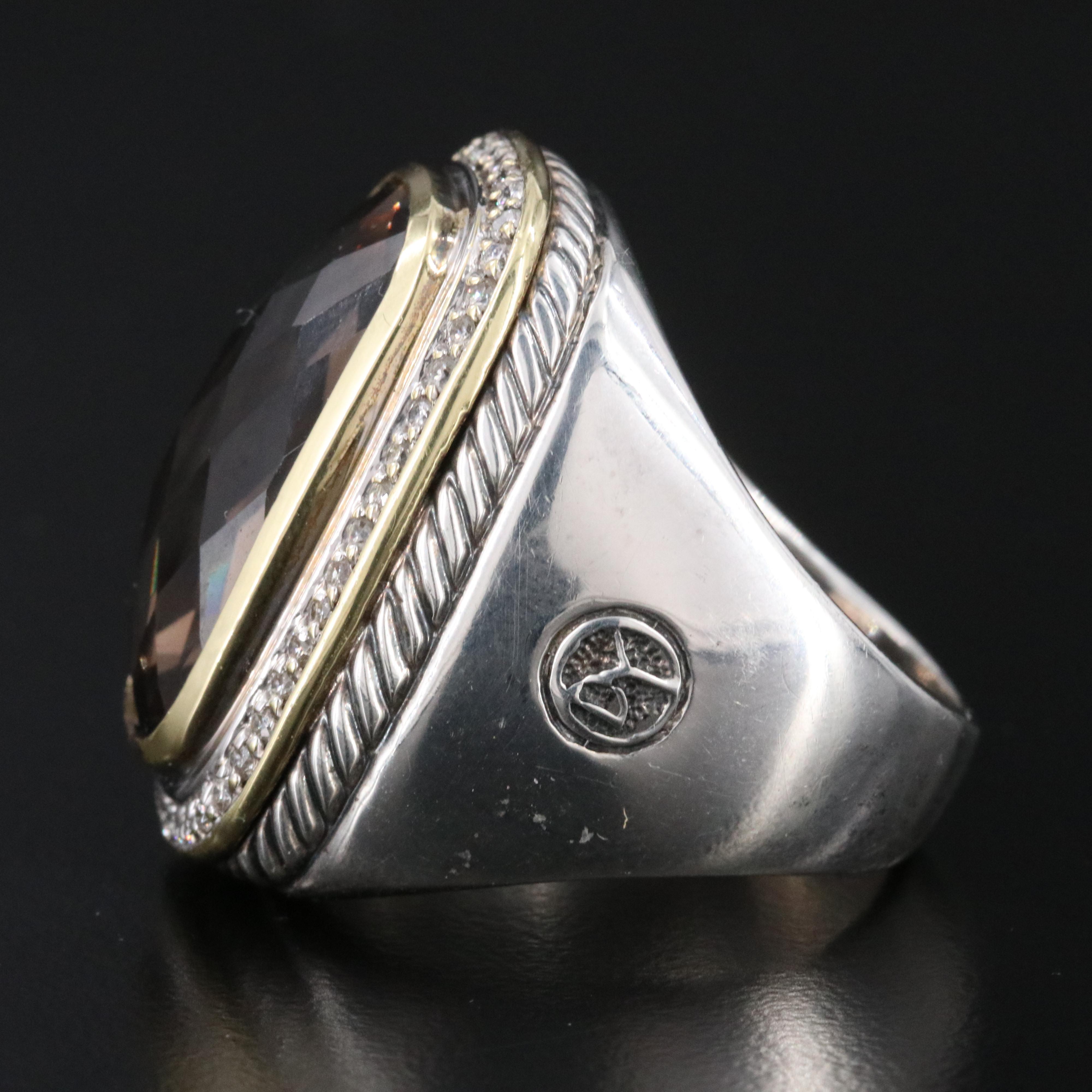 David Yurman Albion Sterling Smoky Quartz and Diamond Ring with 18K Accent