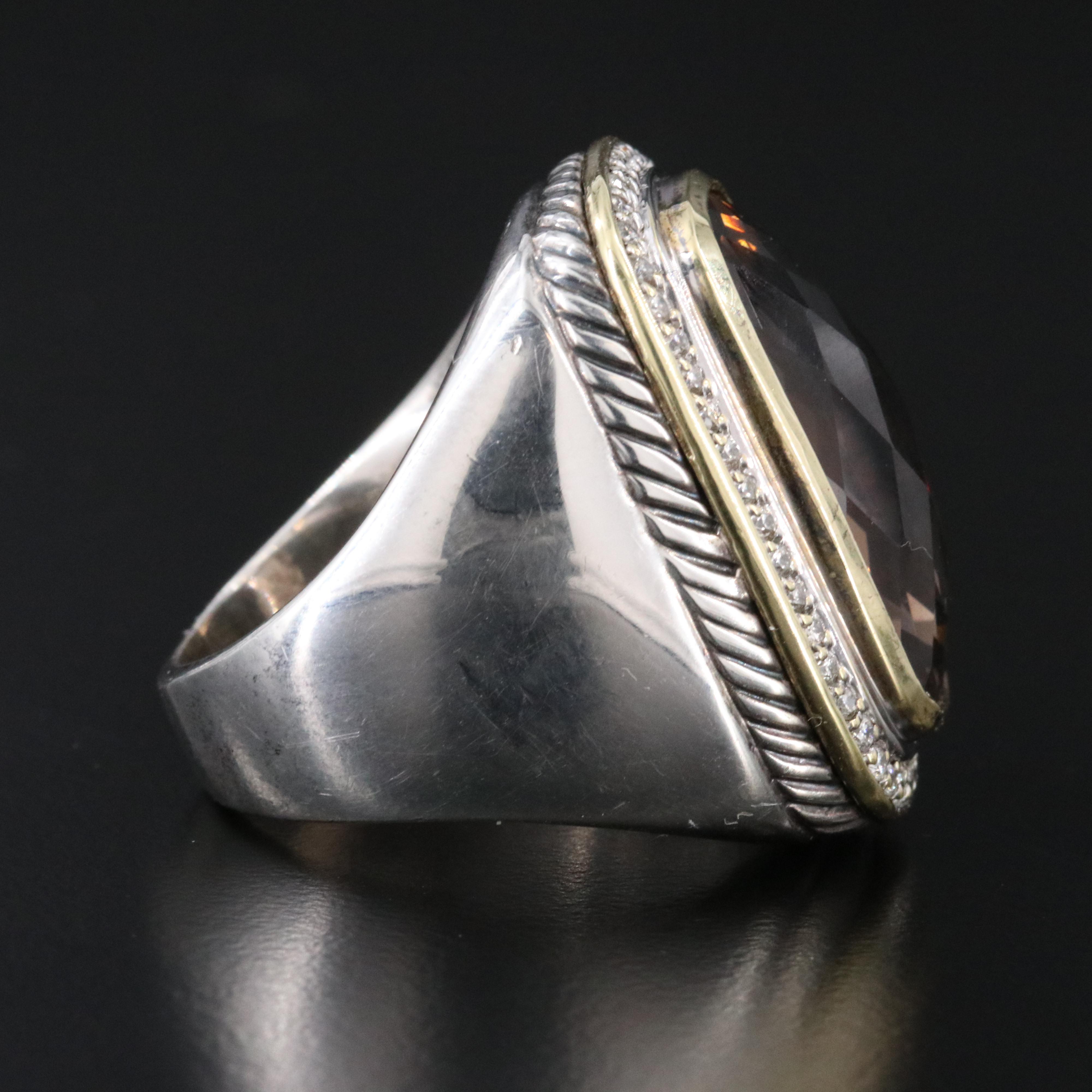 David Yurman Albion Sterling Smoky Quartz and Diamond Ring with 18K Accent