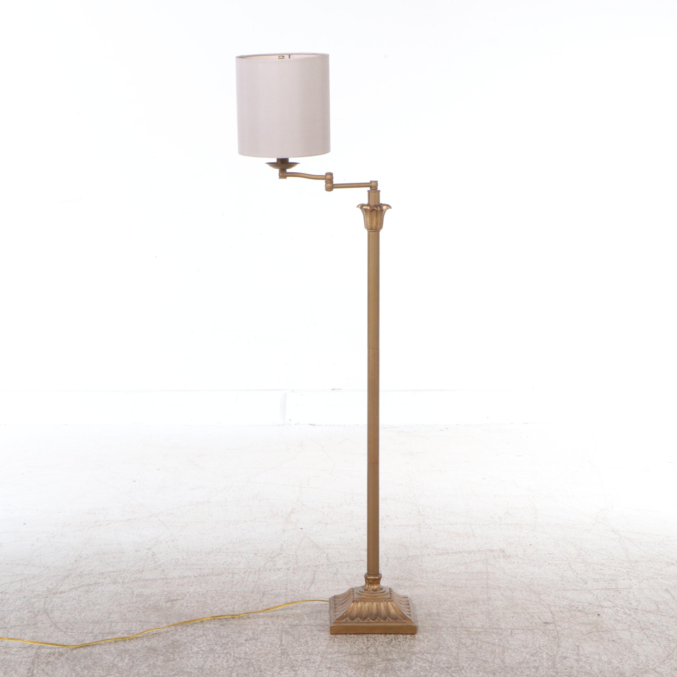 Gilt Finish Swing Arm Floor Lamp with Beige Drum Shade, 21st Century