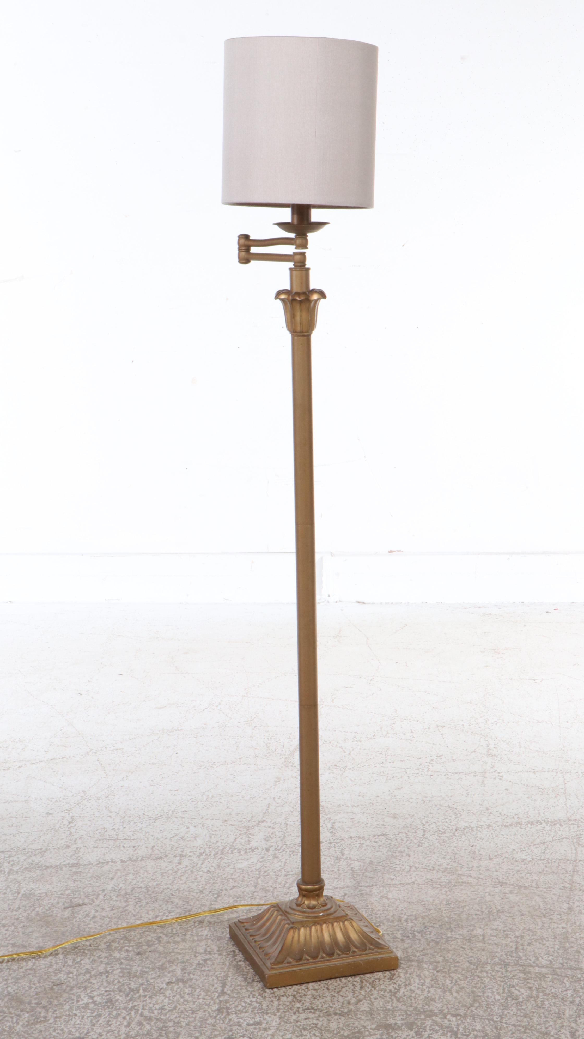 Gilt Finish Swing Arm Floor Lamp with Beige Drum Shade, 21st Century