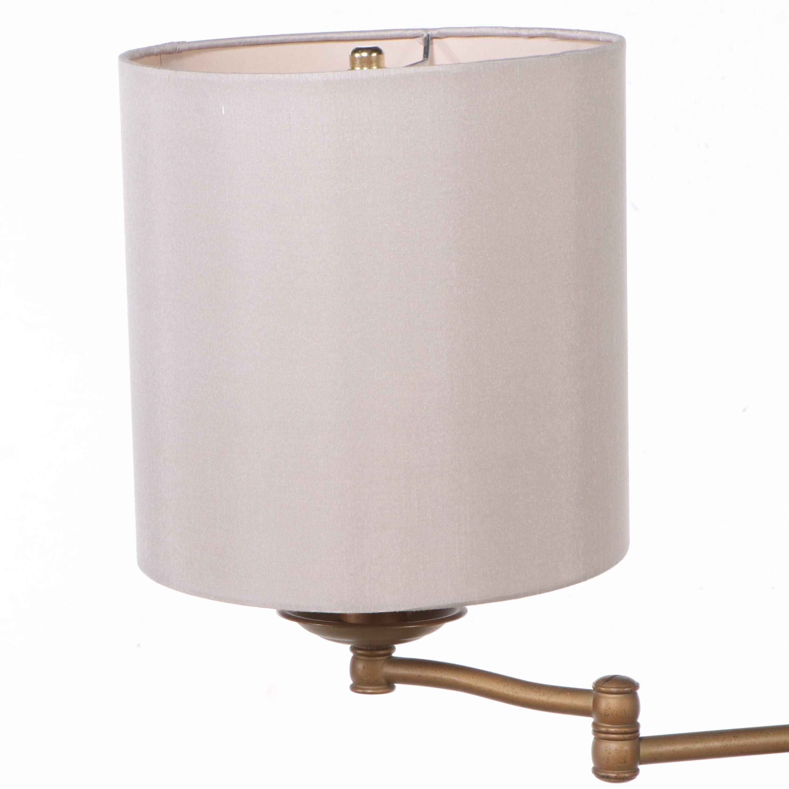 Gilt Finish Swing Arm Floor Lamp with Beige Drum Shade, 21st Century