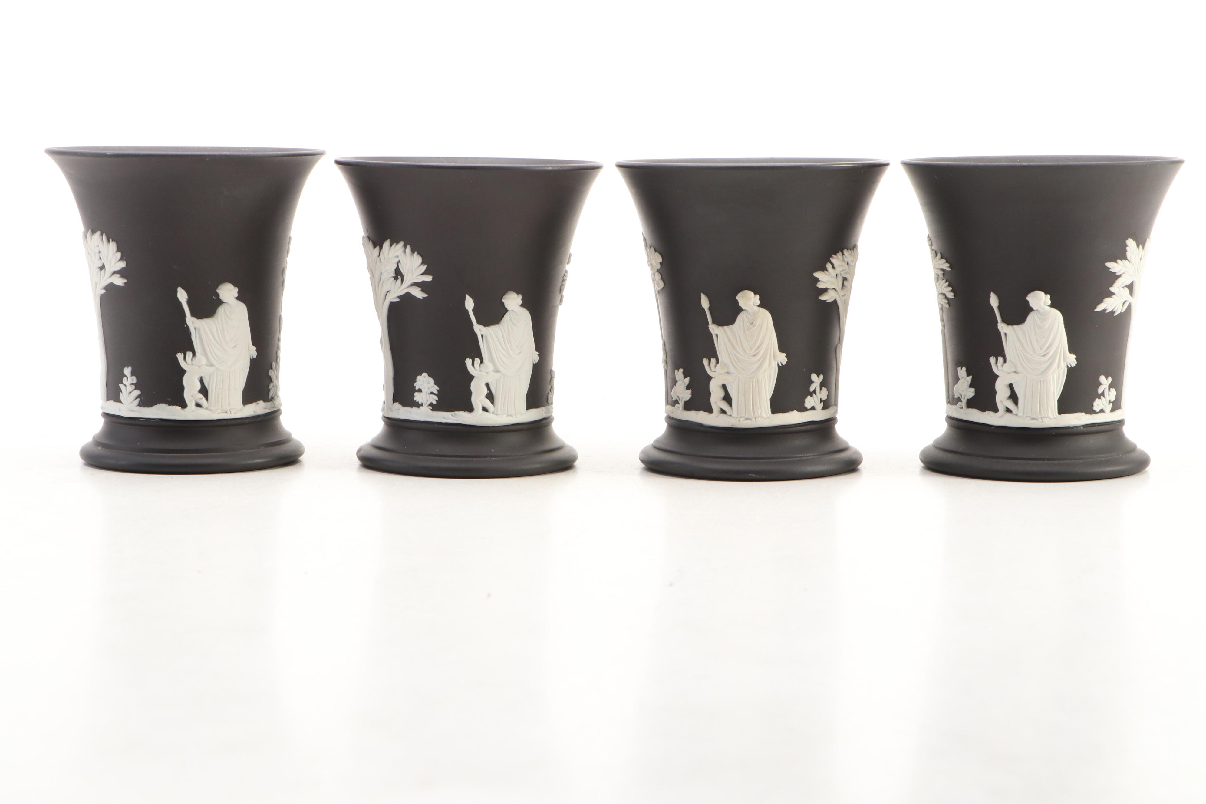 Wedgwood Victorian Neoclassical Black Jasperware Trumpet Vases