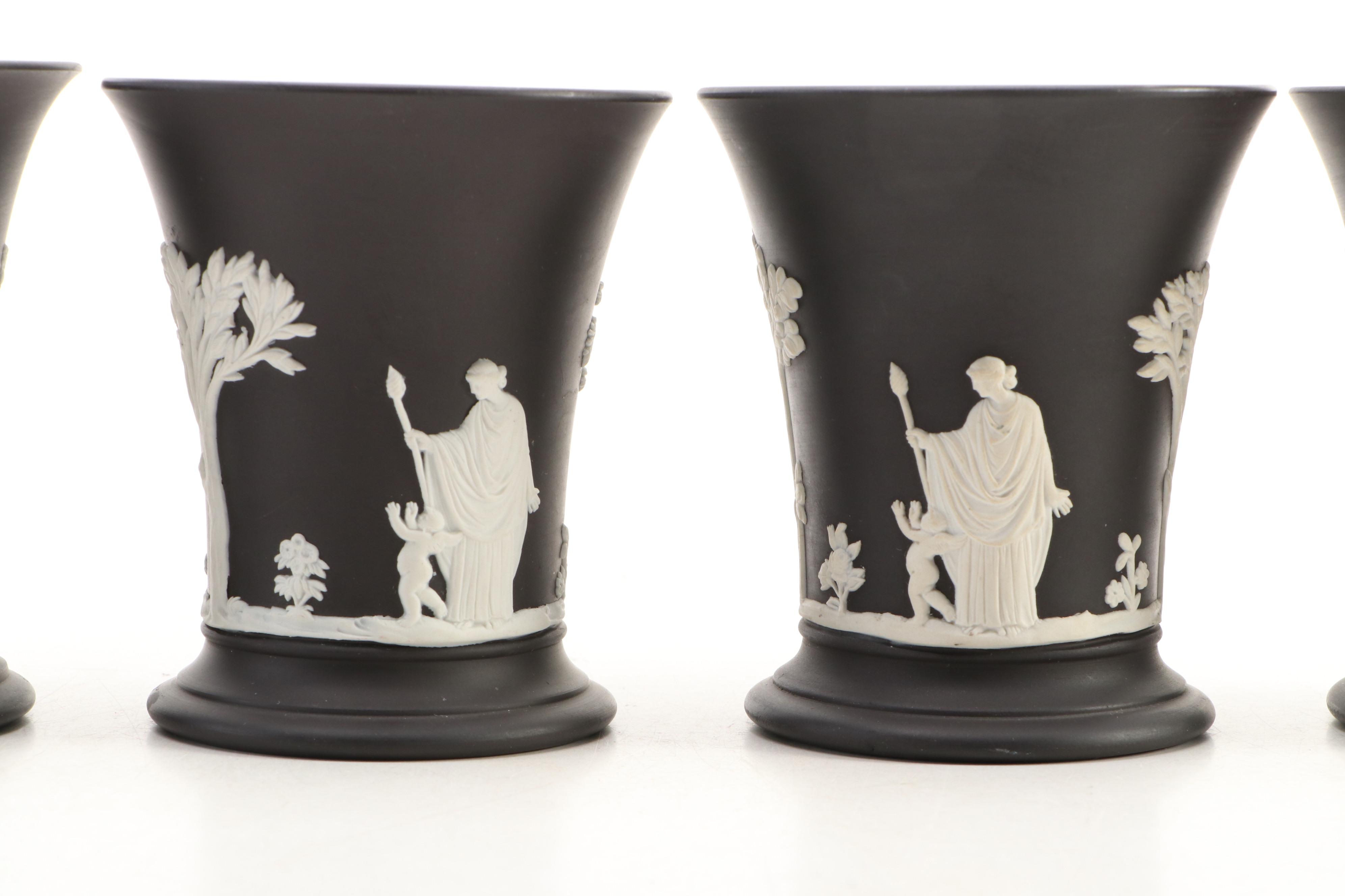 Wedgwood Victorian Neoclassical Black Jasperware Trumpet Vases