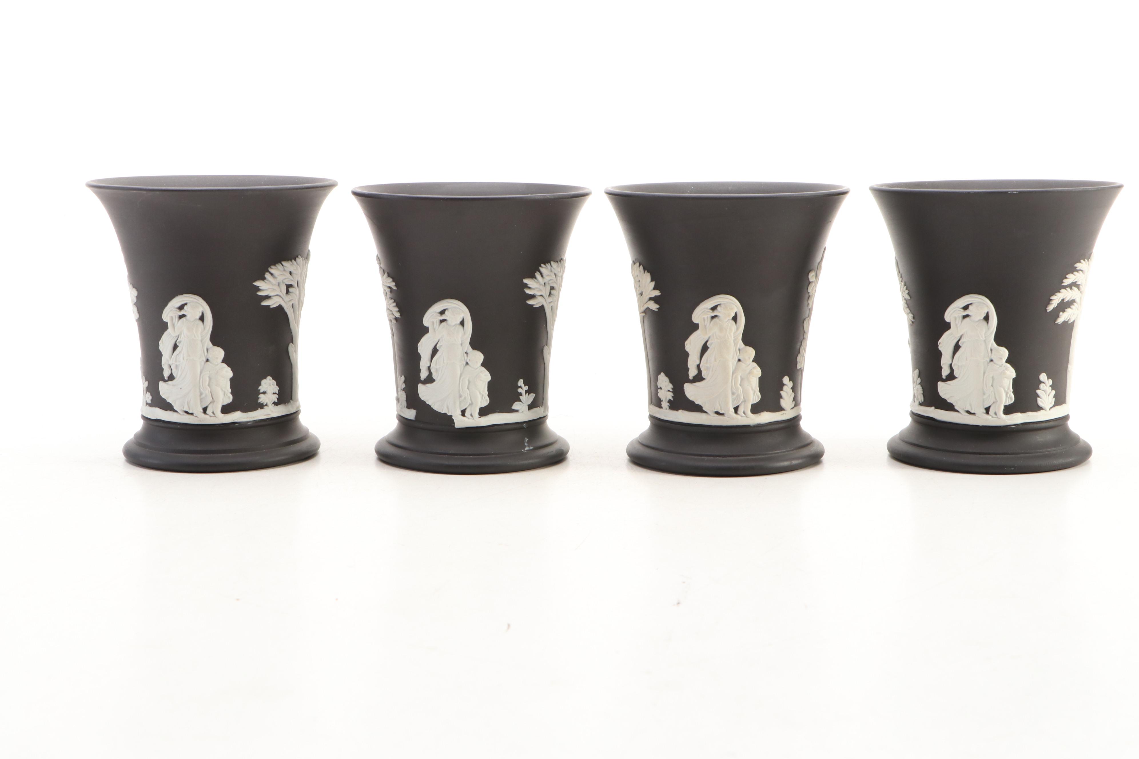 Wedgwood Victorian Neoclassical Black Jasperware Trumpet Vases