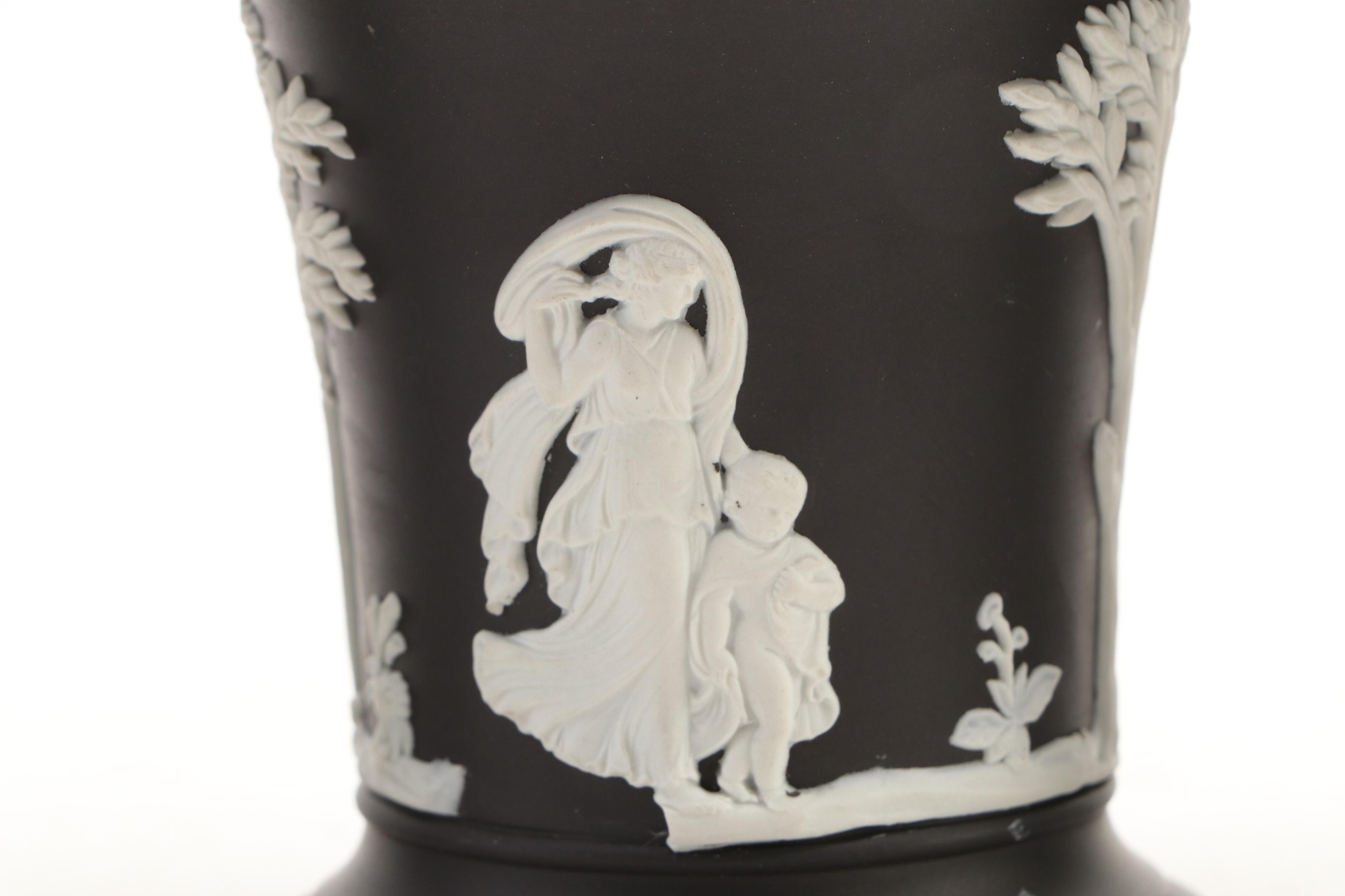 Wedgwood Victorian Neoclassical Black Jasperware Trumpet Vases