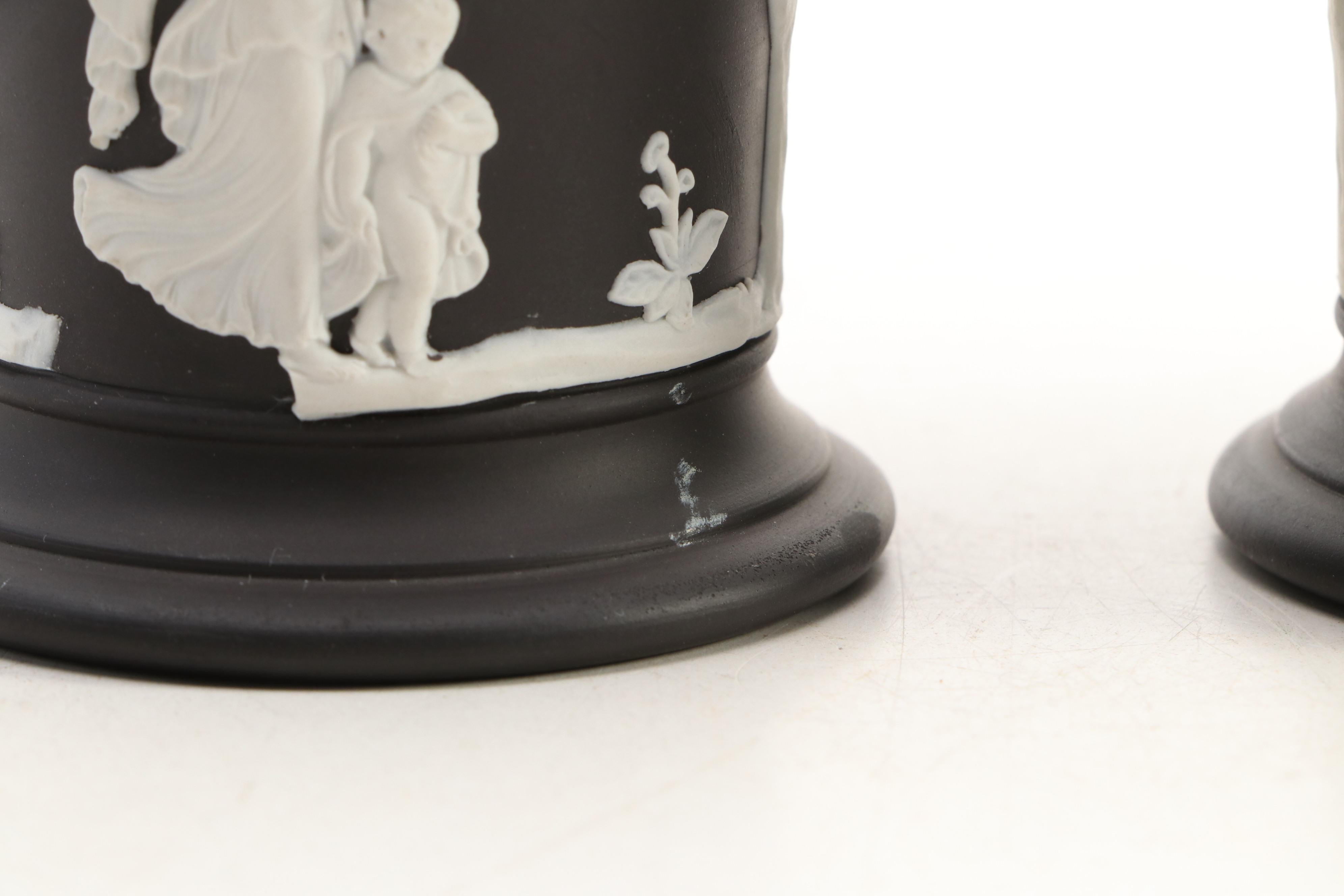 Wedgwood Victorian Neoclassical Black Jasperware Trumpet Vases