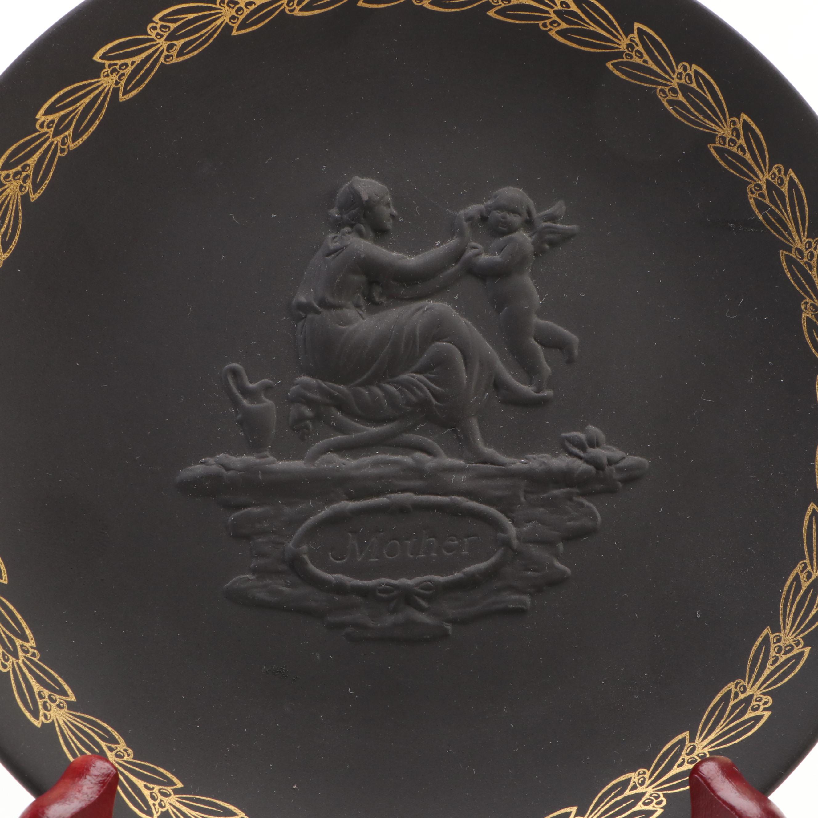 Wedgwood Collectors Society Black Jasperware Liberty Bell Paperweight and Plates