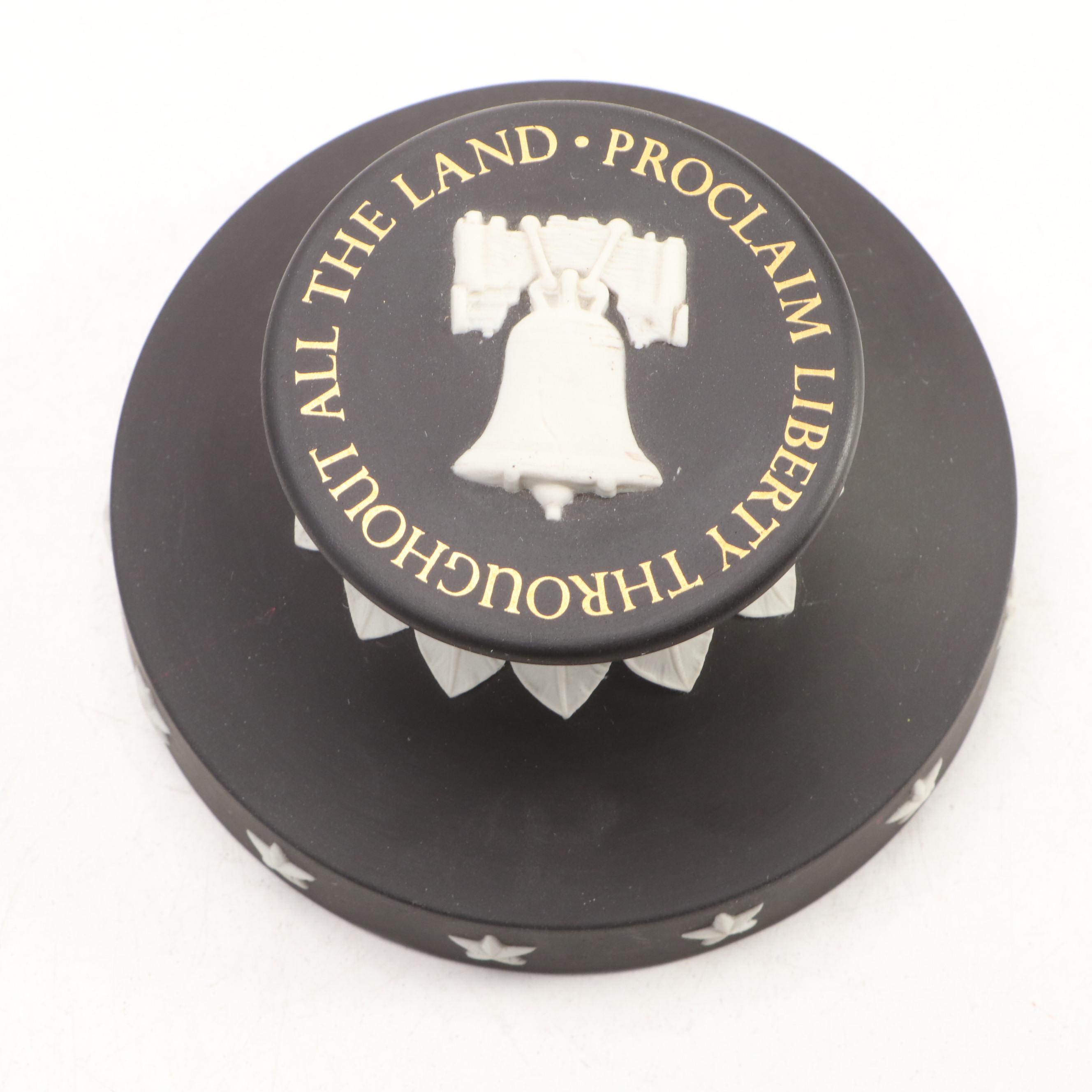 Wedgwood Collectors Society Black Jasperware Liberty Bell Paperweight and Plates