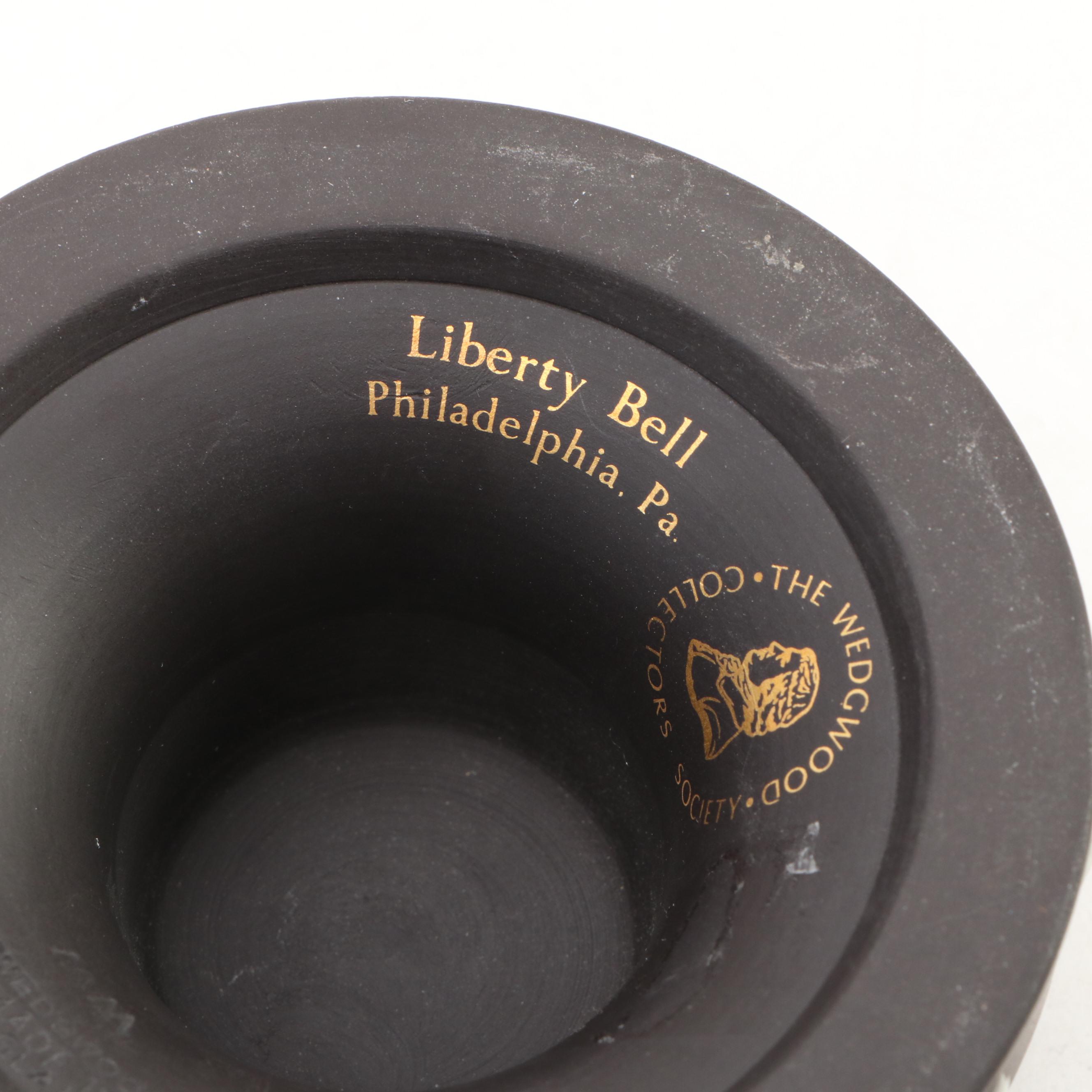 Wedgwood Collectors Society Black Jasperware Liberty Bell Paperweight and Plates