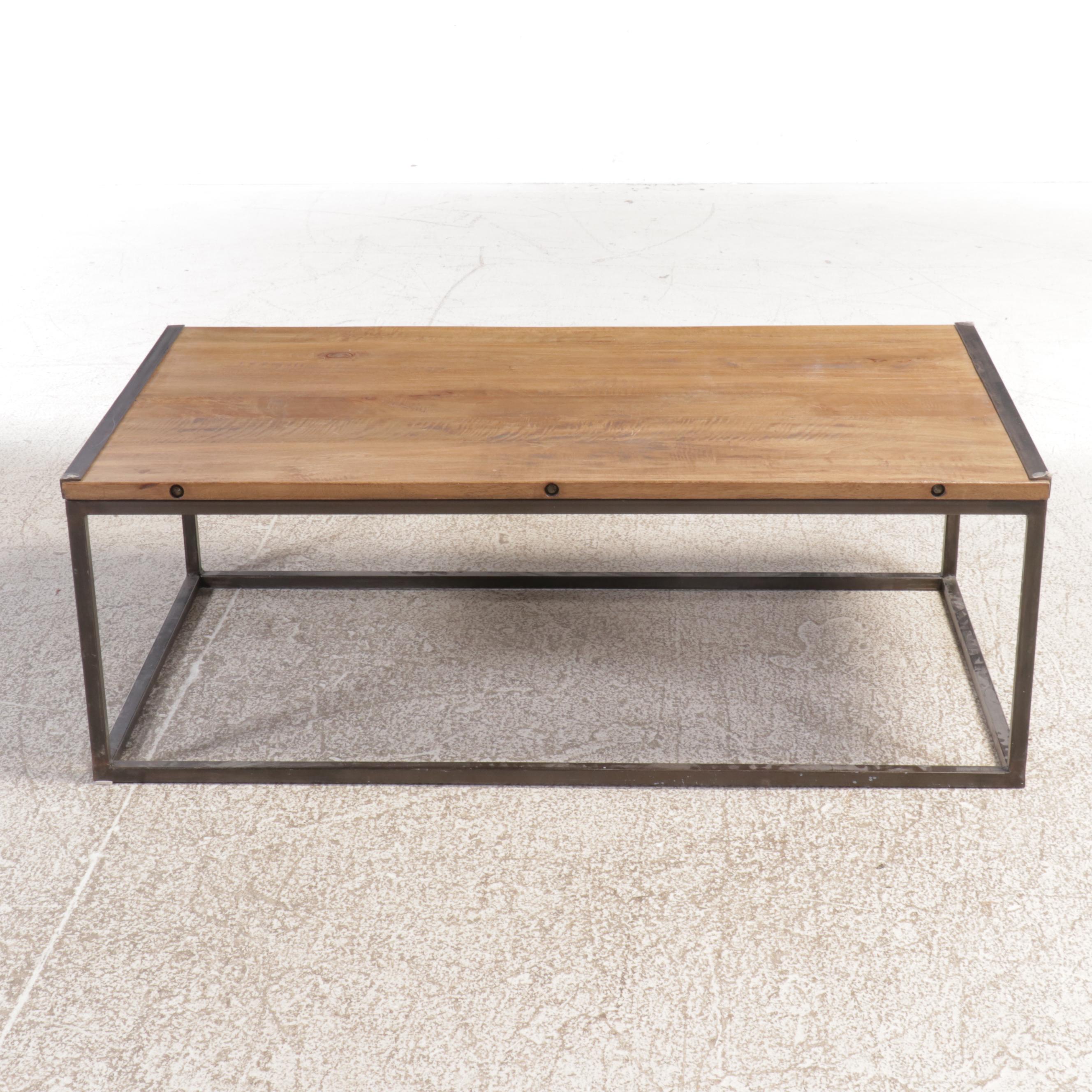 Contemporary Industrial Style Acacia Wood and Metal Coffee Table