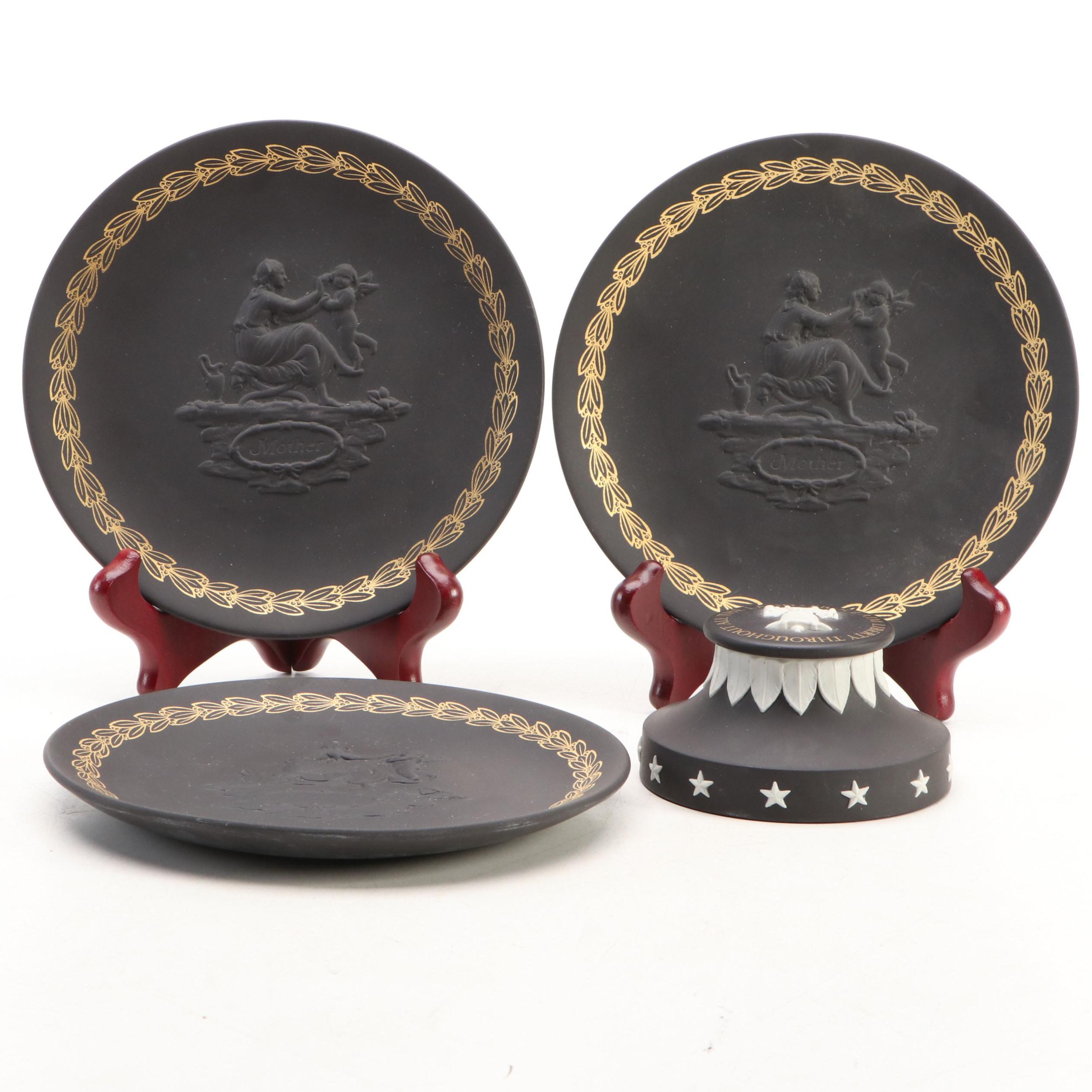 Wedgwood Collectors Society Black Jasperware Liberty Bell Paperweight and Plates