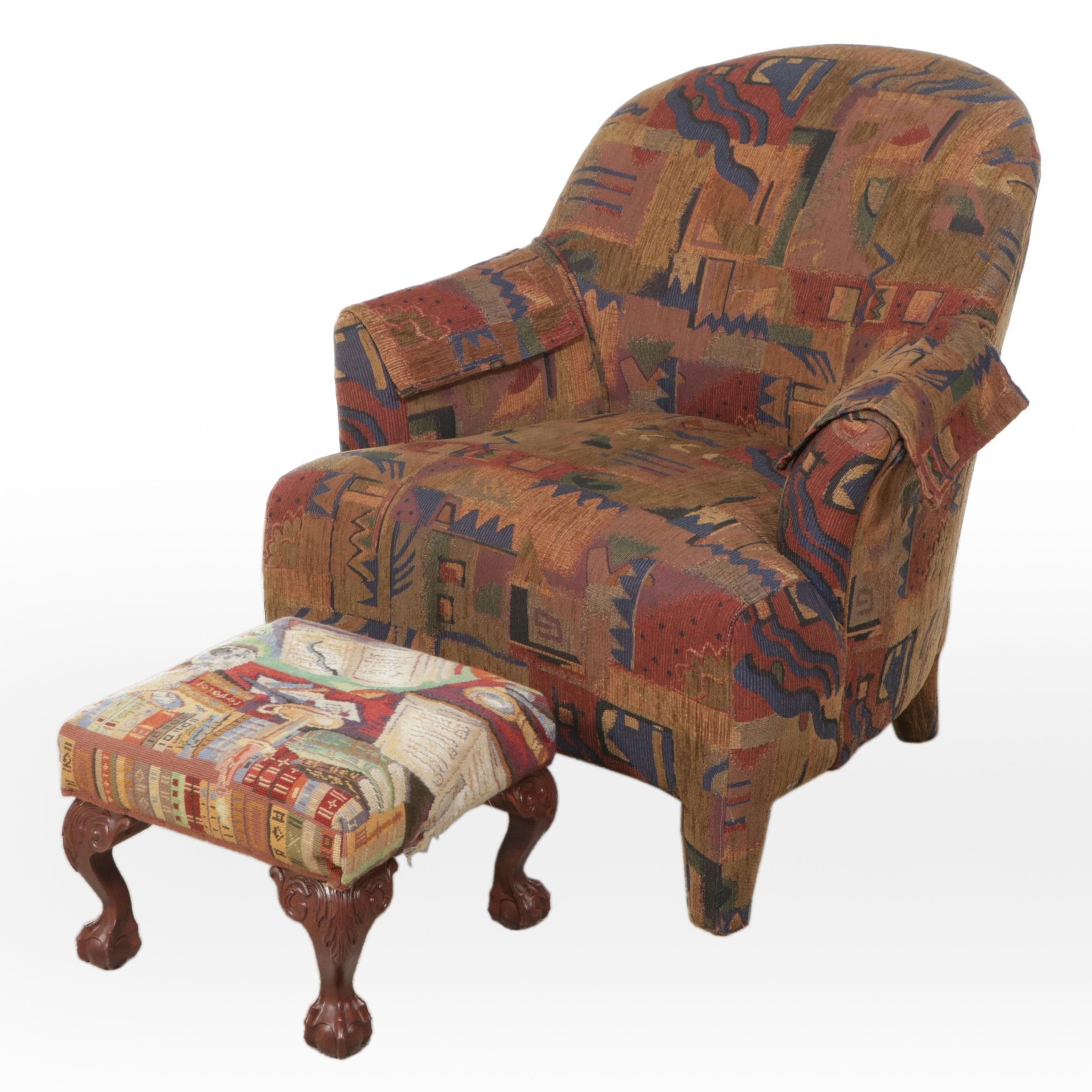 Postmodernist Fabric Upholstered Armchair with Chippendale Style Footstool