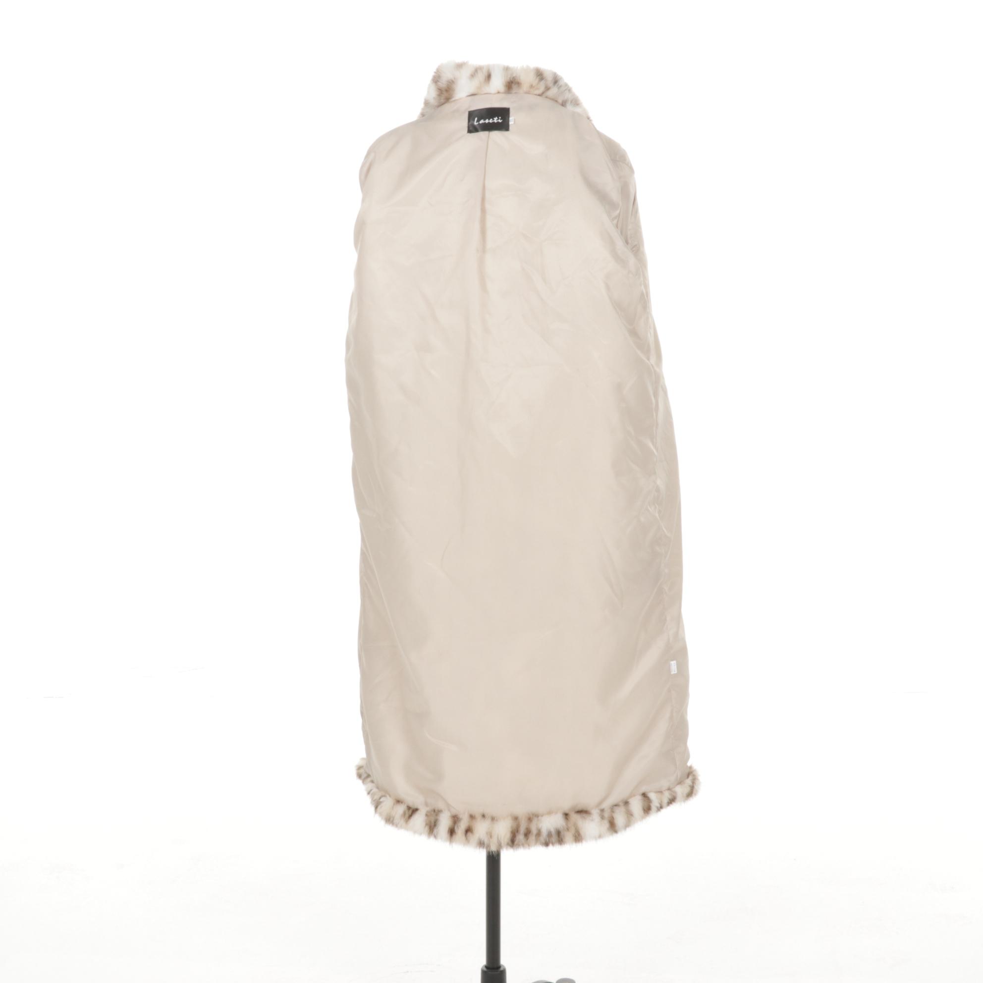 Faux Fur Snow Leopard Print Coat by Laseti, XXL