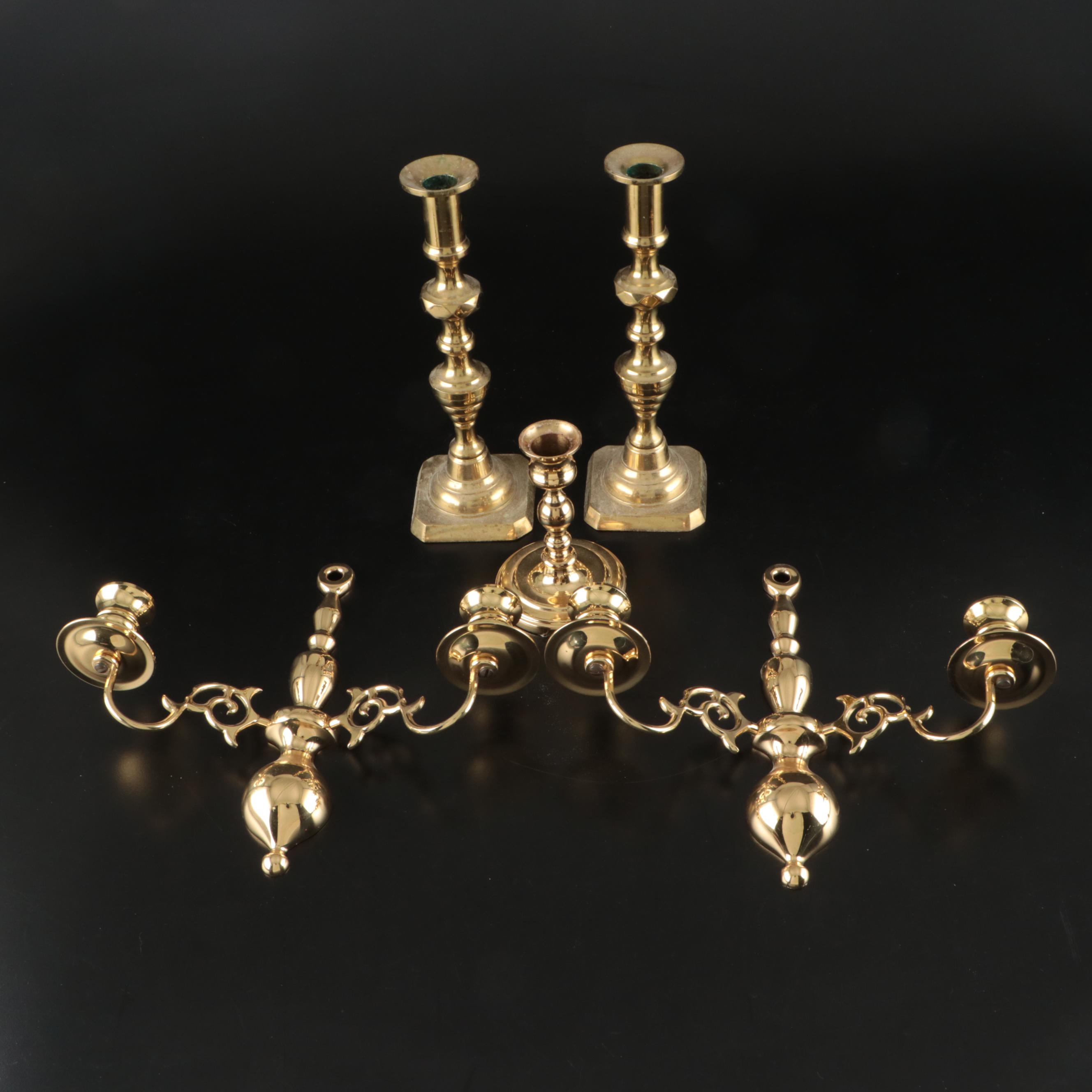 Baldwin and Other Brass Candle Holder with Brass Candle Sconces