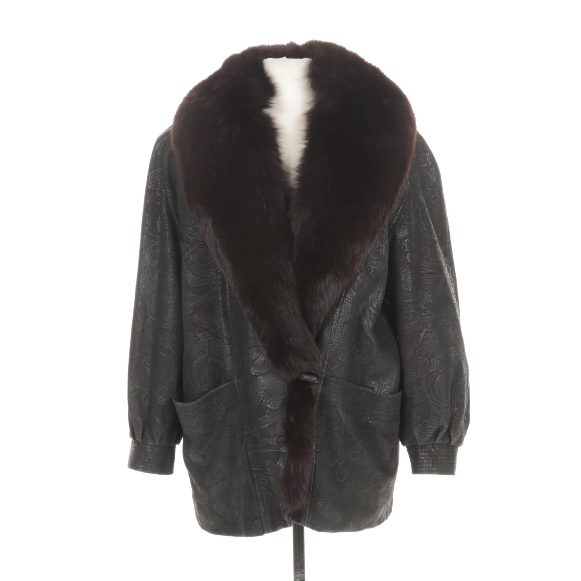 Fox Fur Trim Collar on Floral Embossed Leather Stroller by Marvin Richards