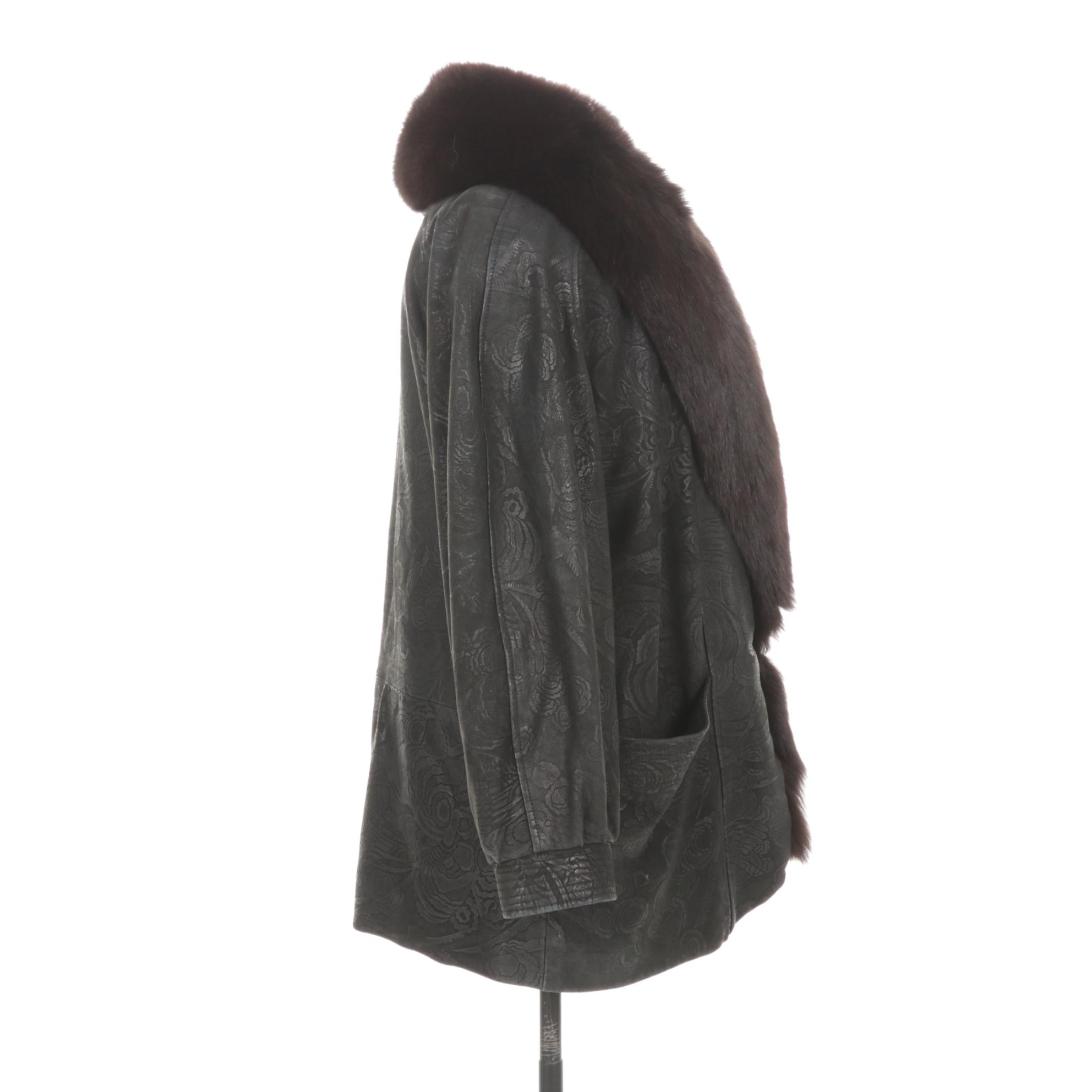 Fox Fur Trim Collar on Floral Embossed Leather Stroller by Marvin Richards