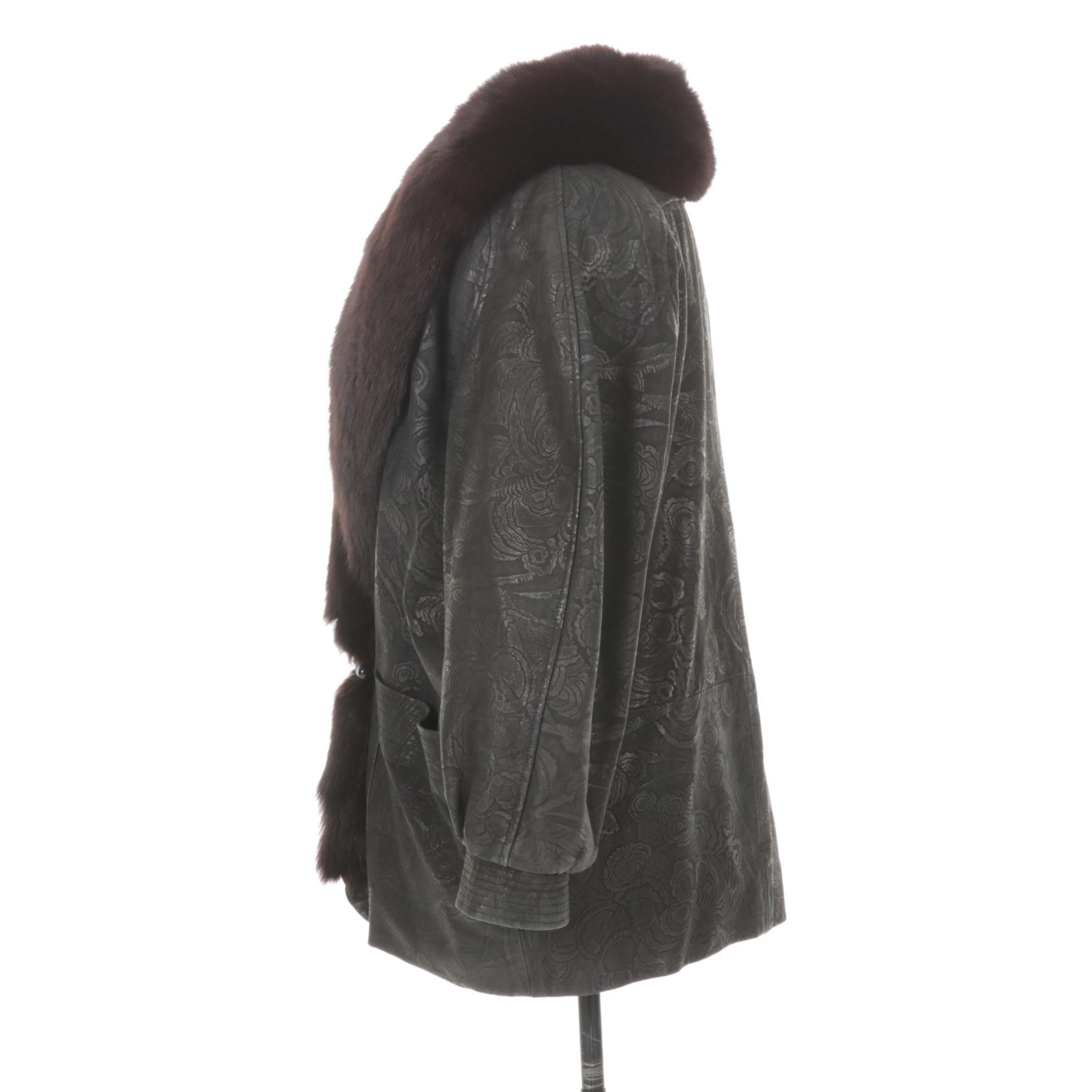 Fox Fur Trim Collar on Floral Embossed Leather Stroller by Marvin Richards