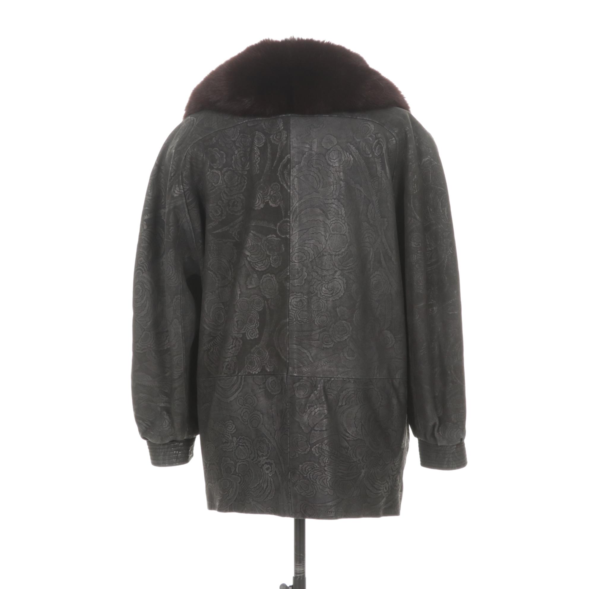 Fox Fur Trim Collar on Floral Embossed Leather Stroller by Marvin Richards