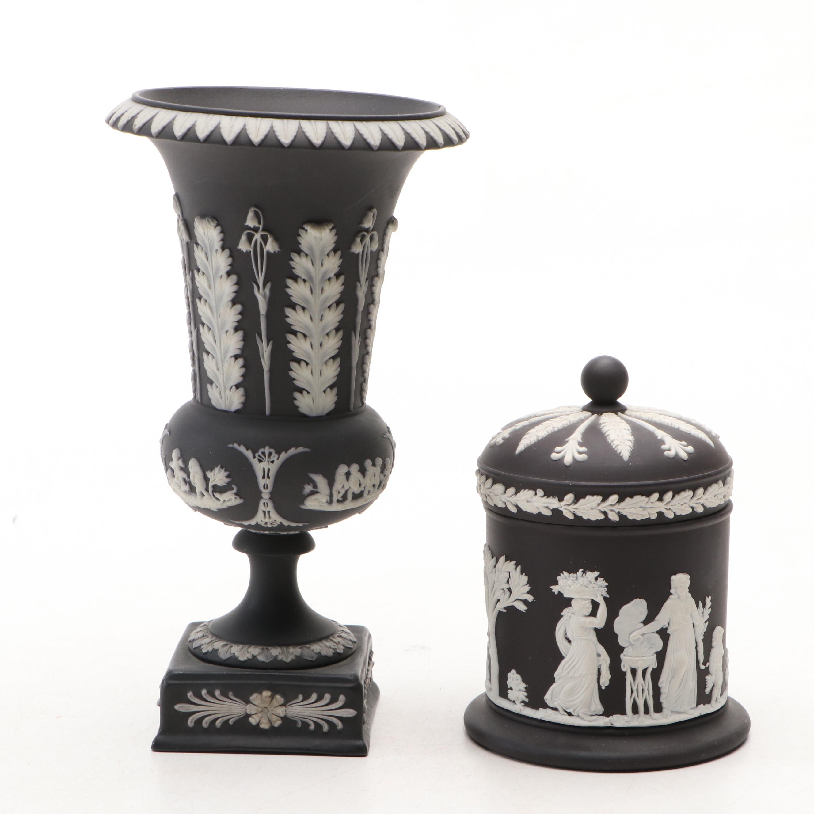 Wedgwood Black Jasperware Vase and Lidded Vessels