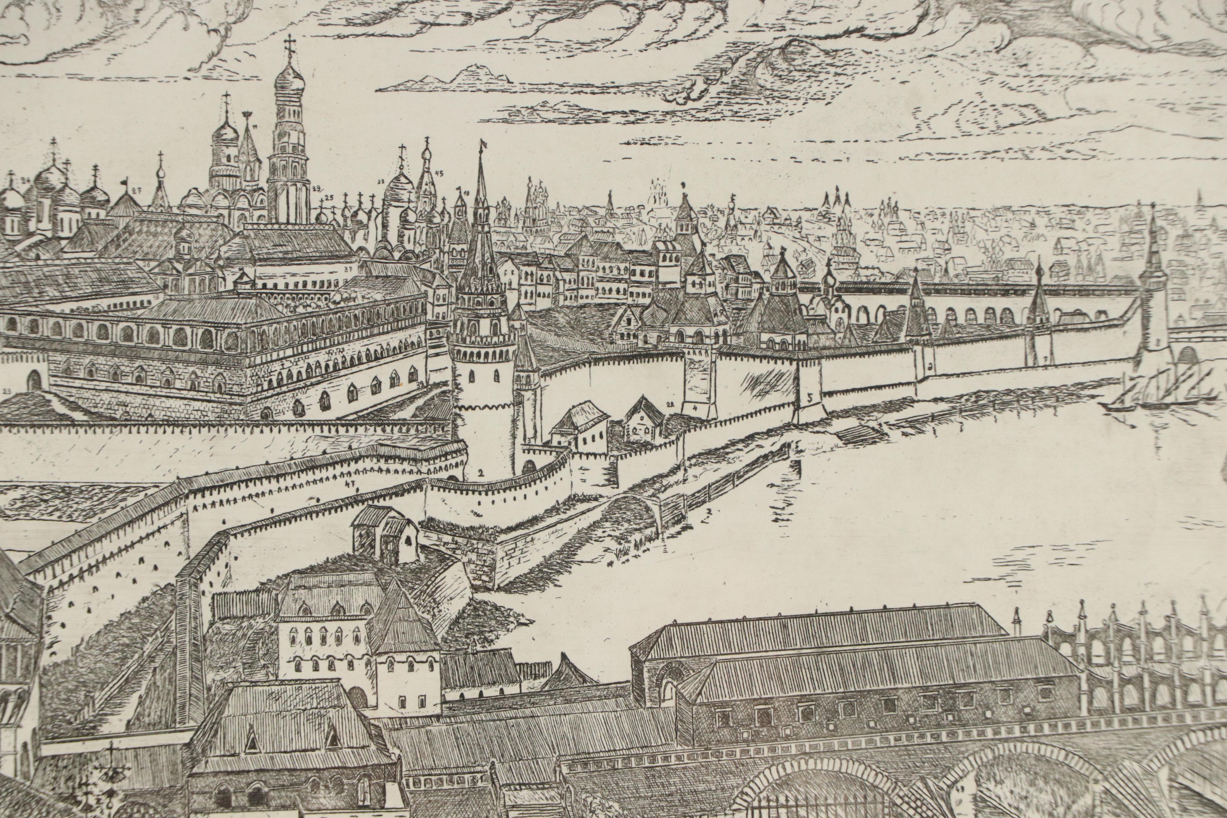 Bird's Eye View Map Etching of Moscow Kremlin