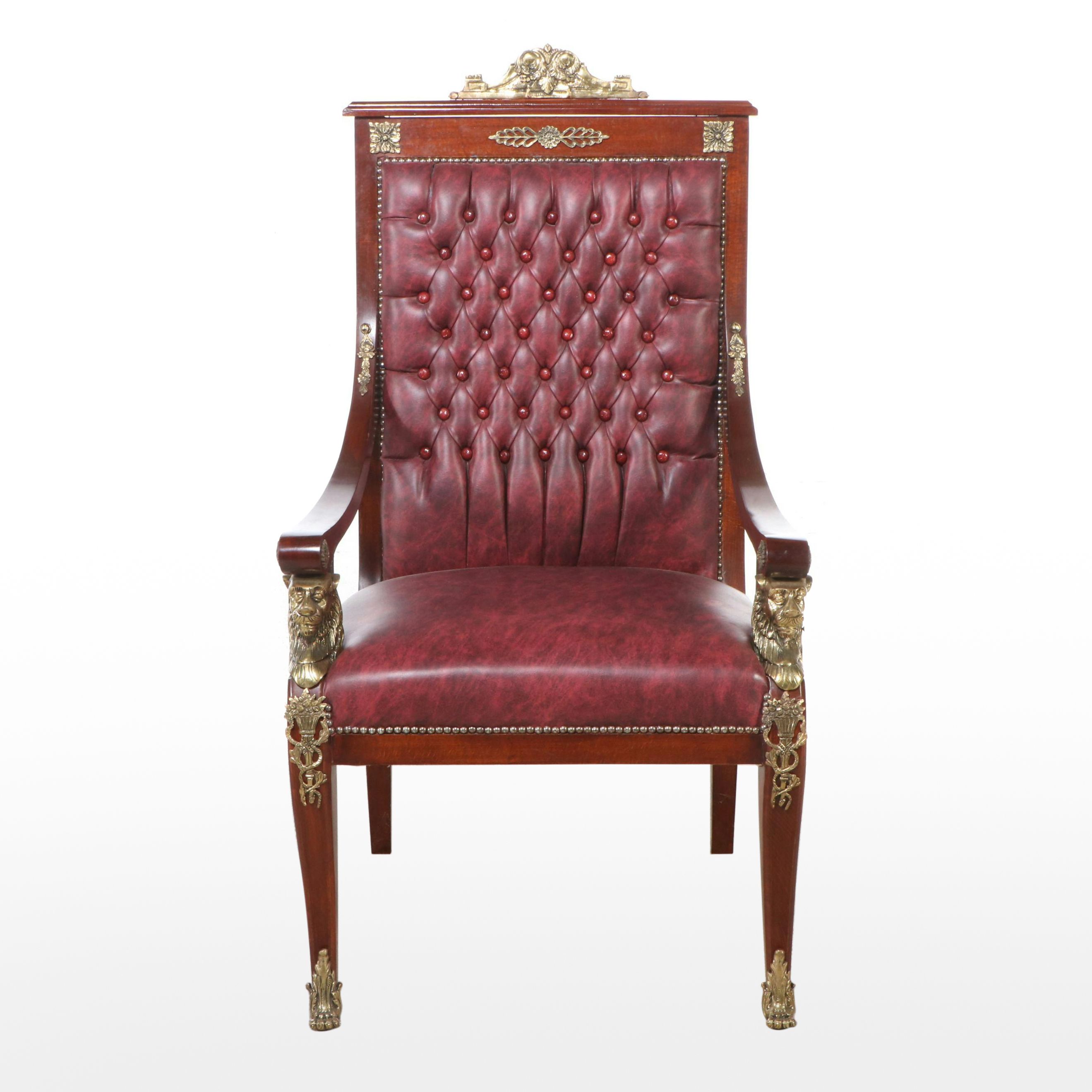 Empire Style Brass Mount Button-Tufted Faux Leather and Wood Armchair