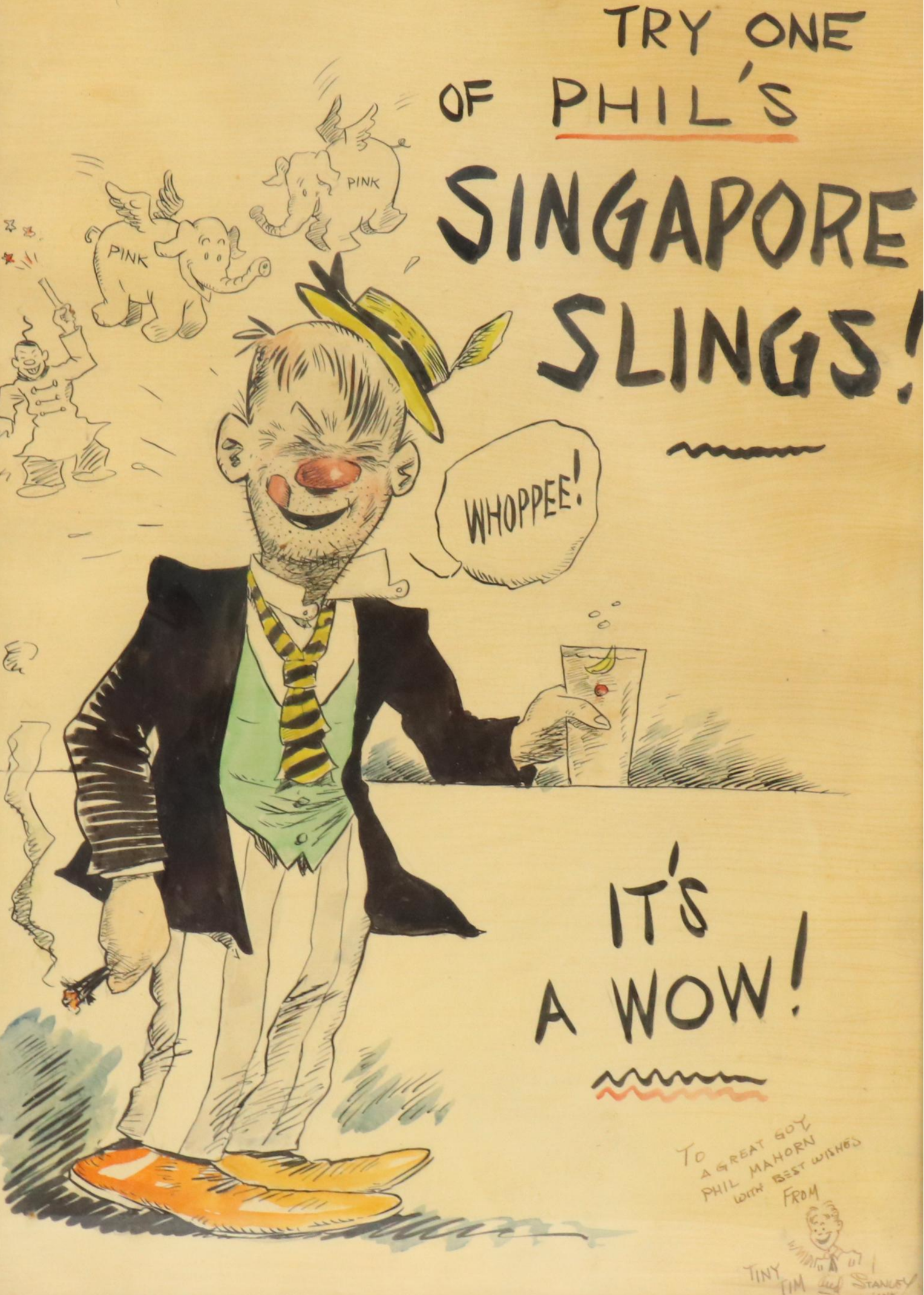 Ink Illustration Advertisement for Phil's Singapore Slings, 20th Century