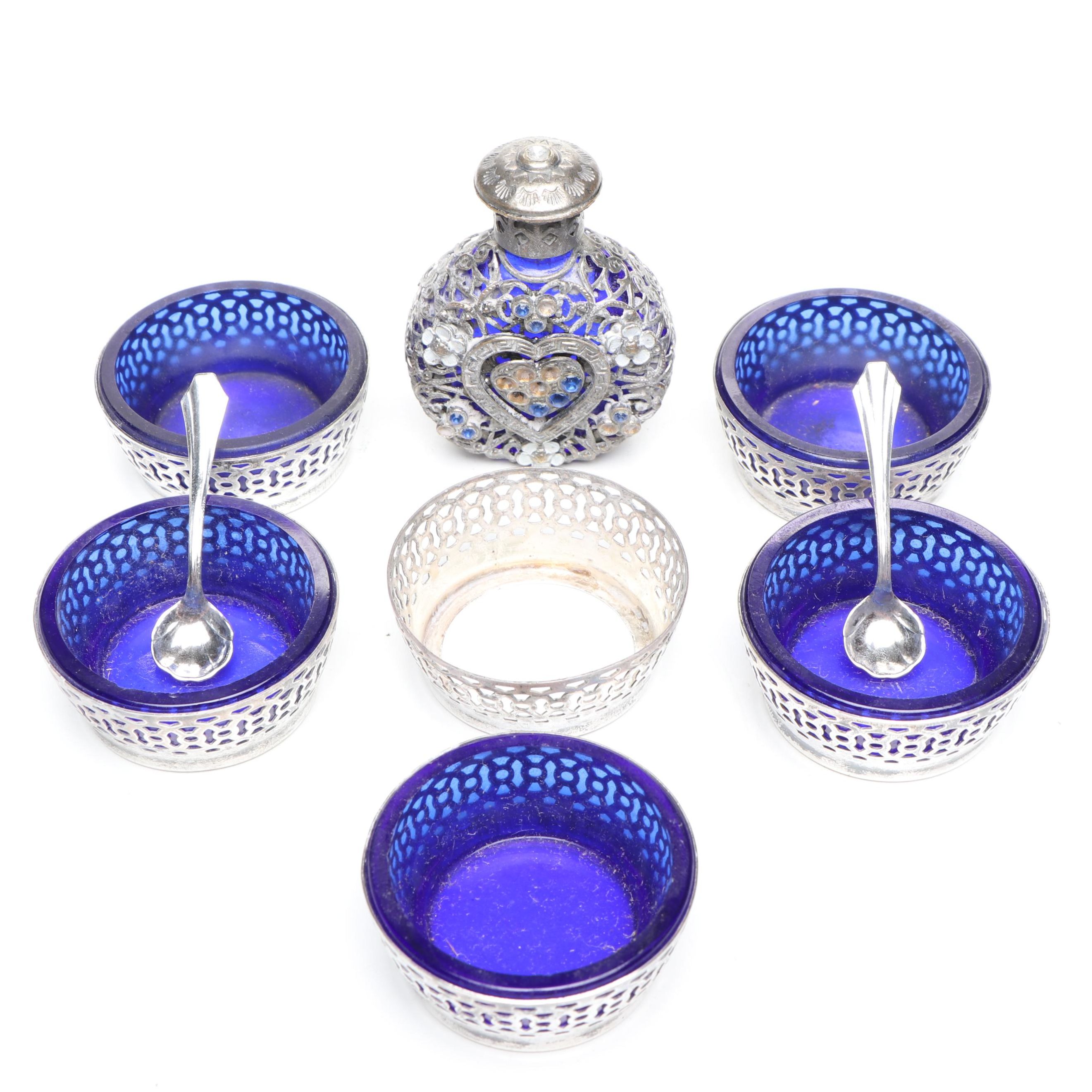 Webster Co. Glass Sterling Silver Salt Cellars and Spoons with Other Glass Ware