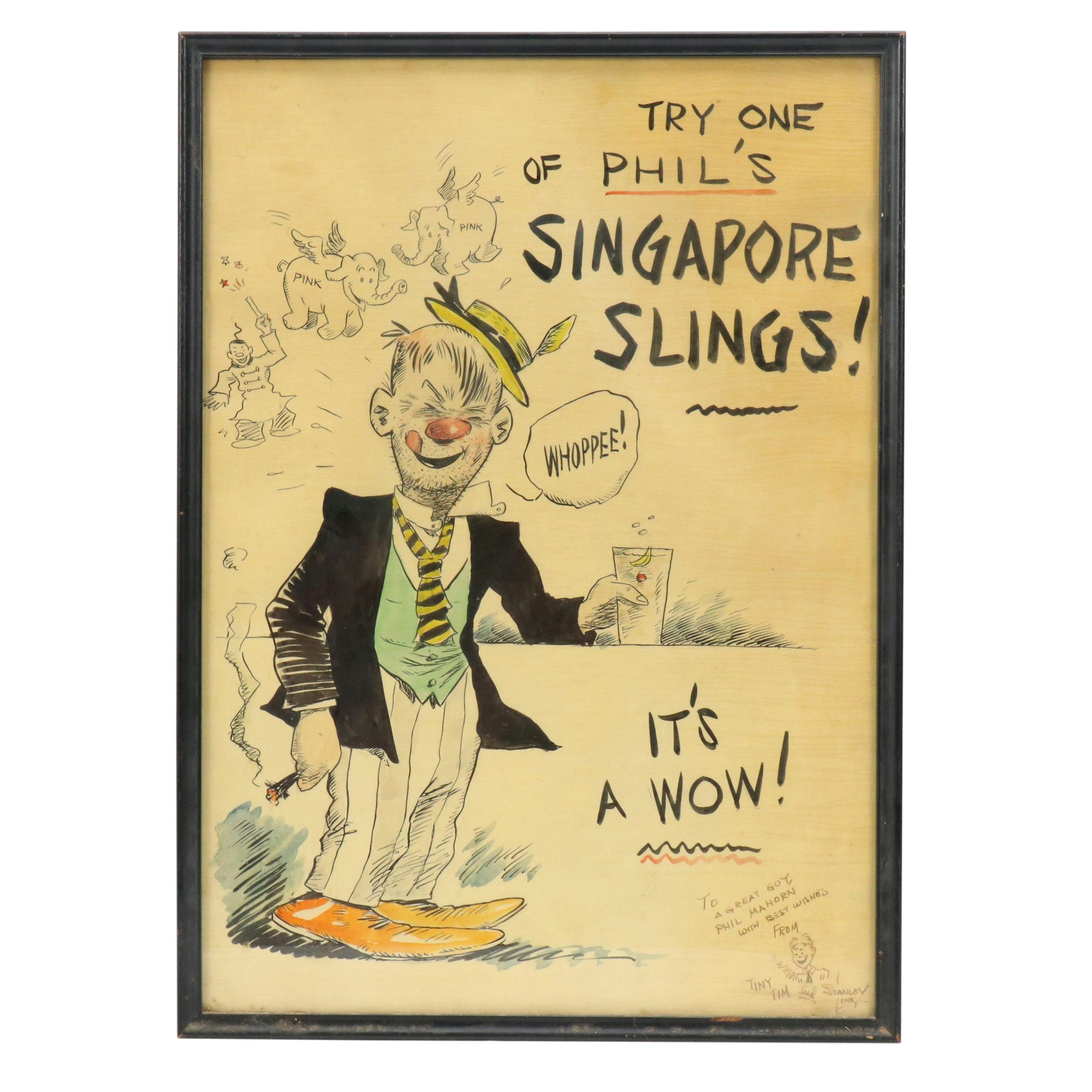 Ink Illustration Advertisement for Phil's Singapore Slings, 20th Century