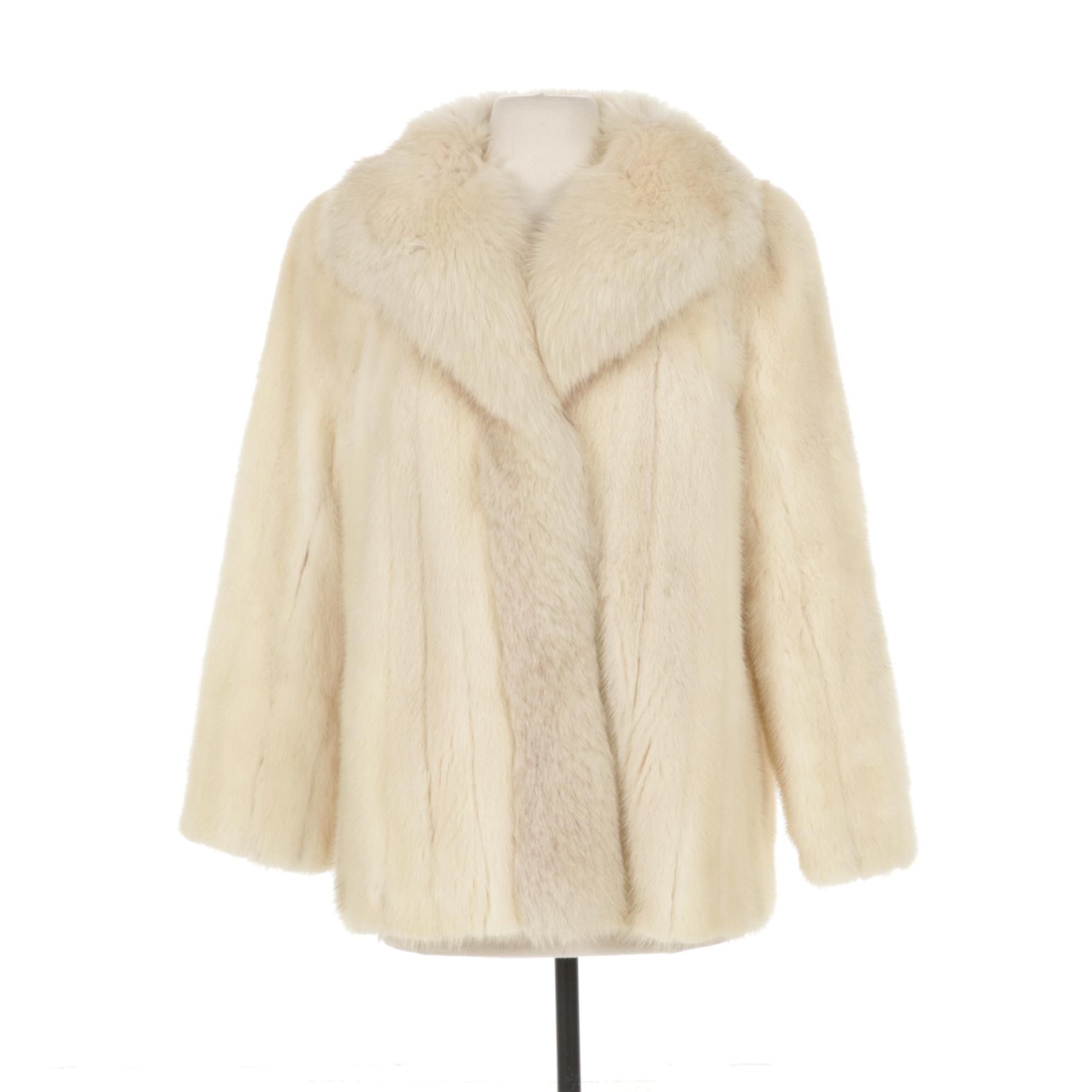 White Mink Fur Swing Jacket with Fox Fur Trim Collar by Avanti