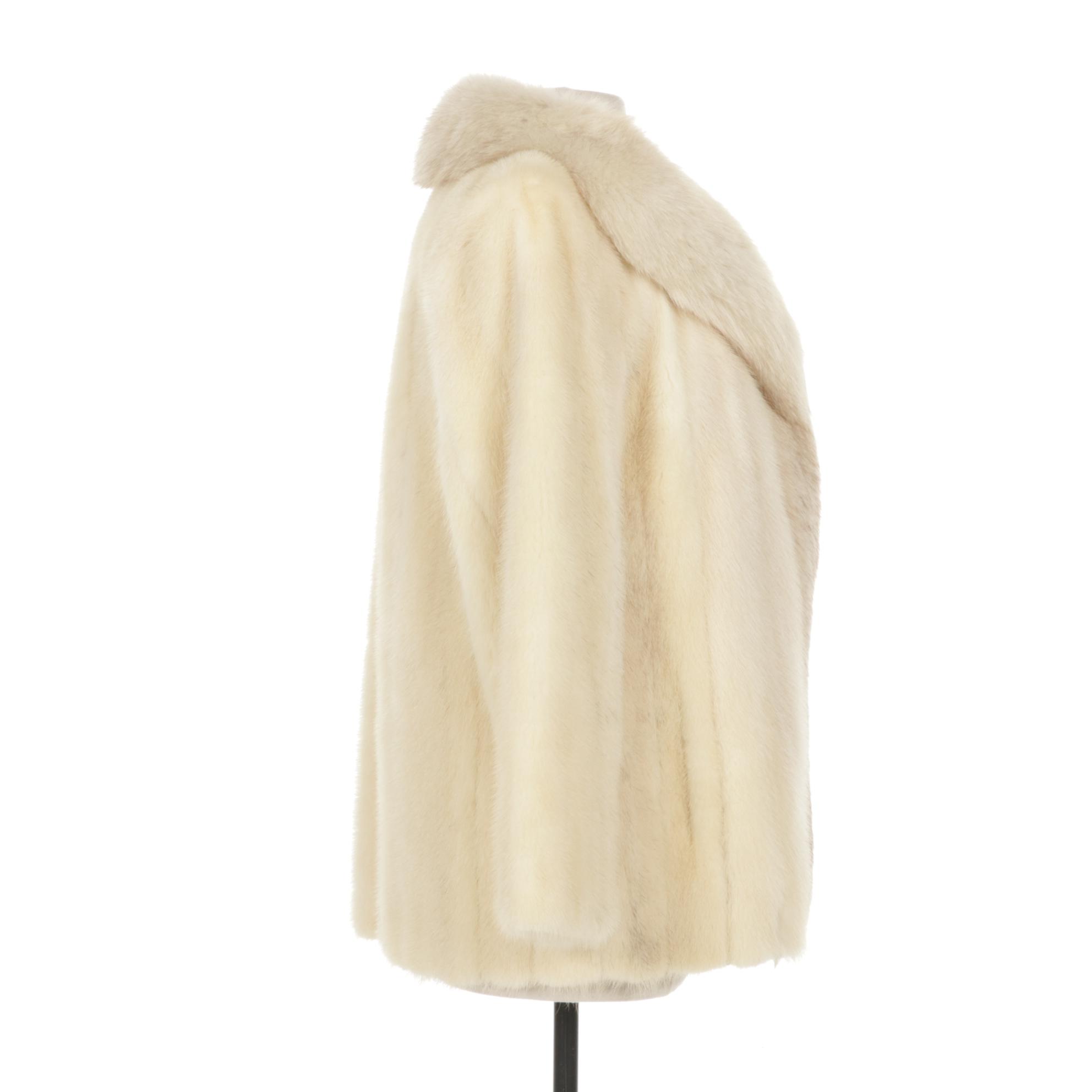 White Mink Fur Swing Jacket with Fox Fur Trim Collar by Avanti