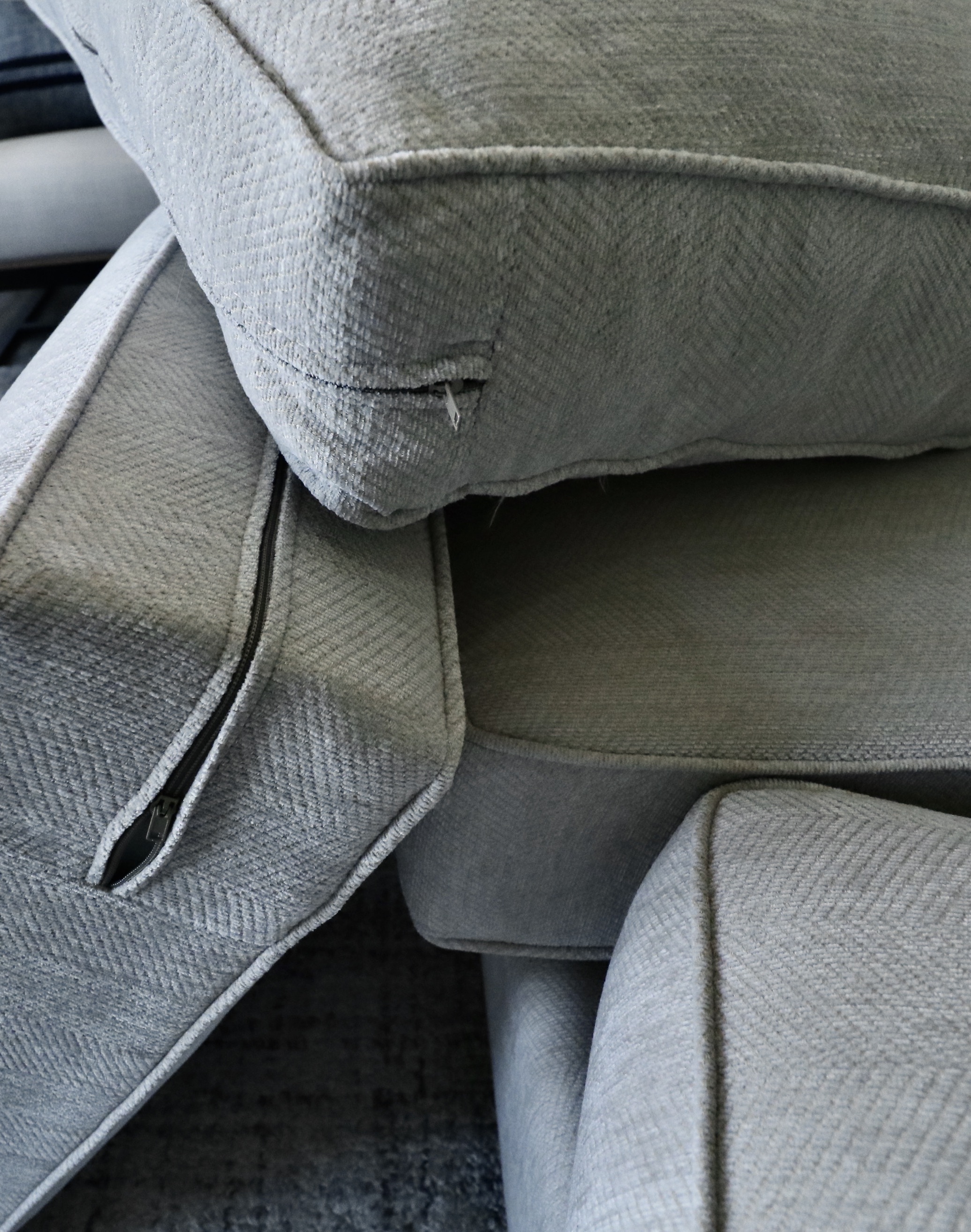 Living Spaces "Linden" Beige Upholstered Sofa and Linen Blend Pillows