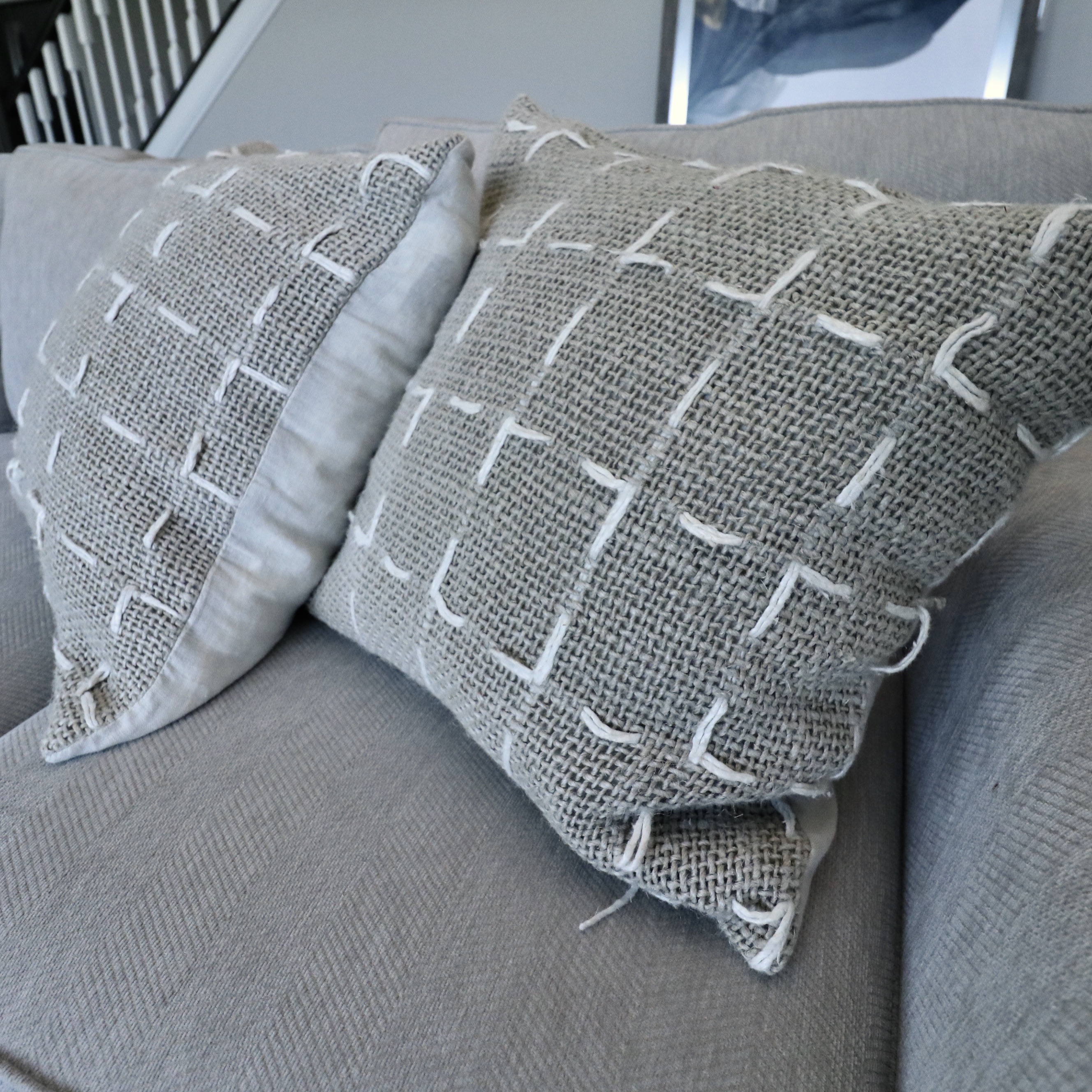 Living Spaces "Linden" Beige Upholstered Sofa and Linen Blend Pillows