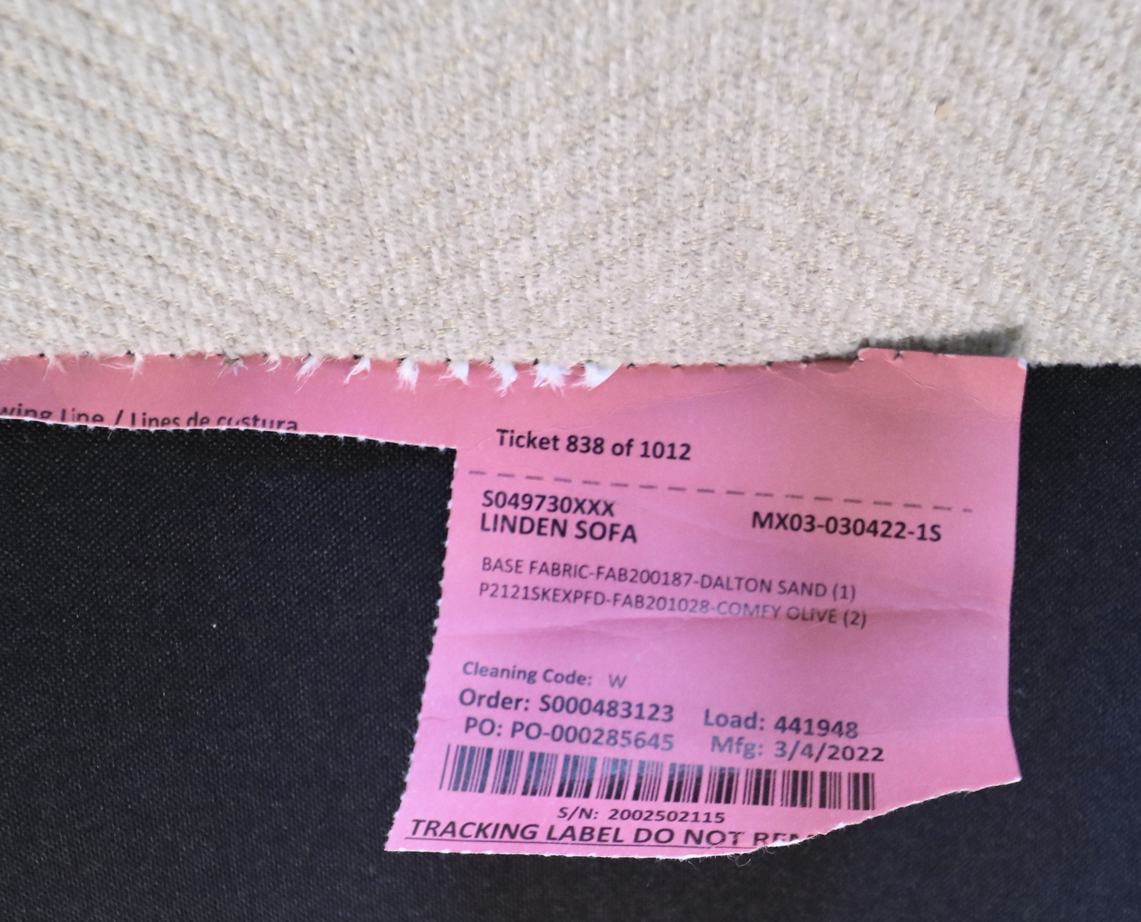 Living Spaces "Linden" Beige Upholstered Sofa and Linen Blend Pillows