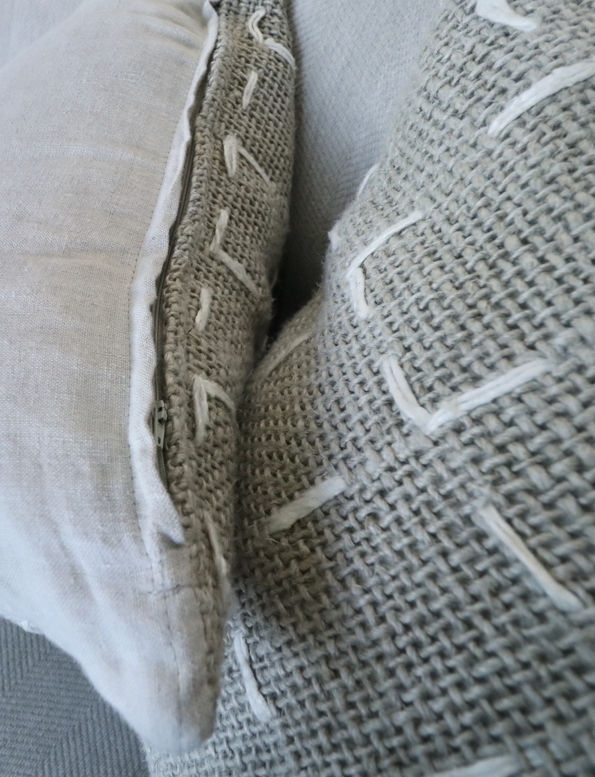 Living Spaces "Linden" Beige Upholstered Sofa and Linen Blend Pillows