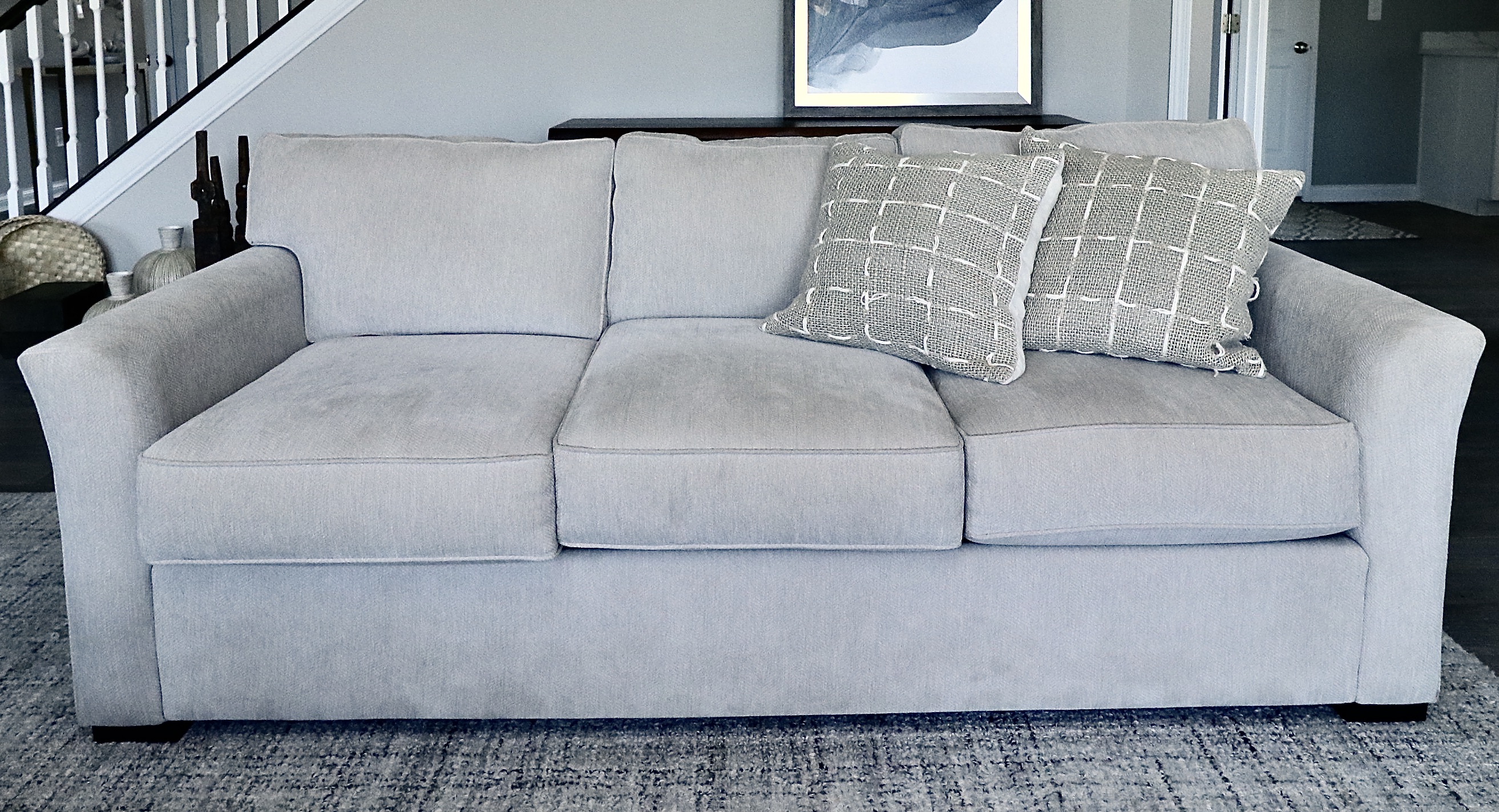 Living Spaces "Linden" Beige Upholstered Sofa and Linen Blend Pillows